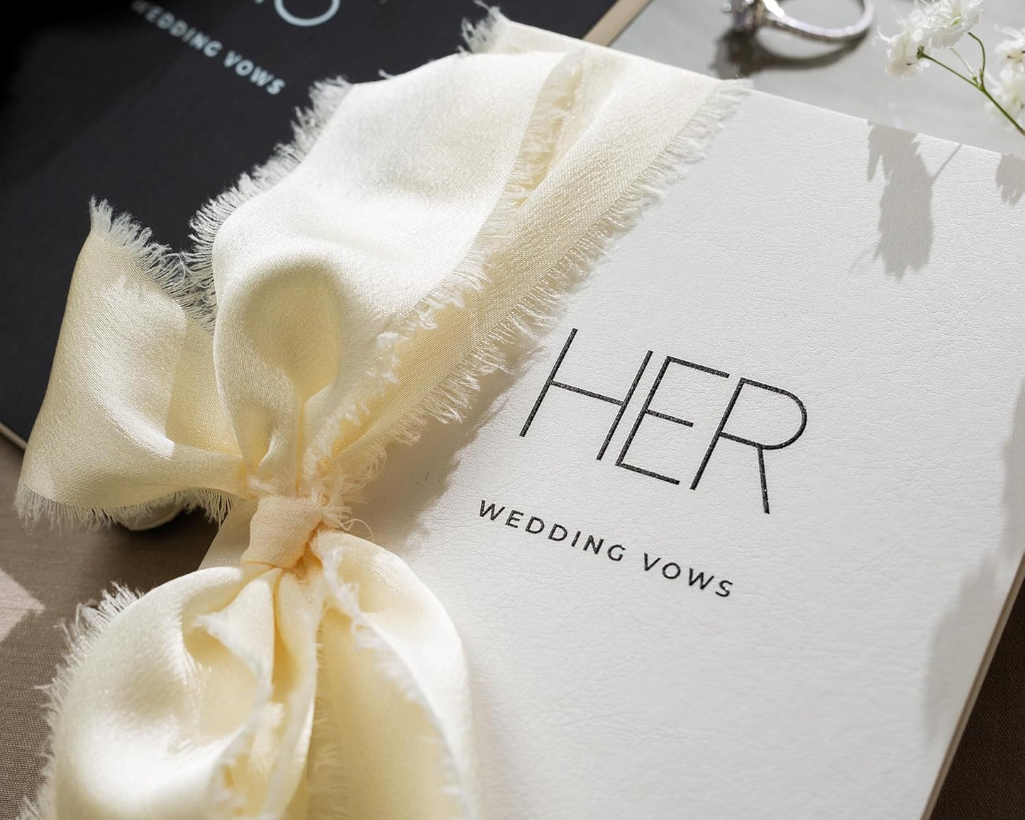 Black White His Her Slim Vow Books w/Ribbon (Set of 2) - 5.625 x 4" Minimalist Pocket Sized Modern Wedding Ceremony Vow Renewal Speech Notebook Journal