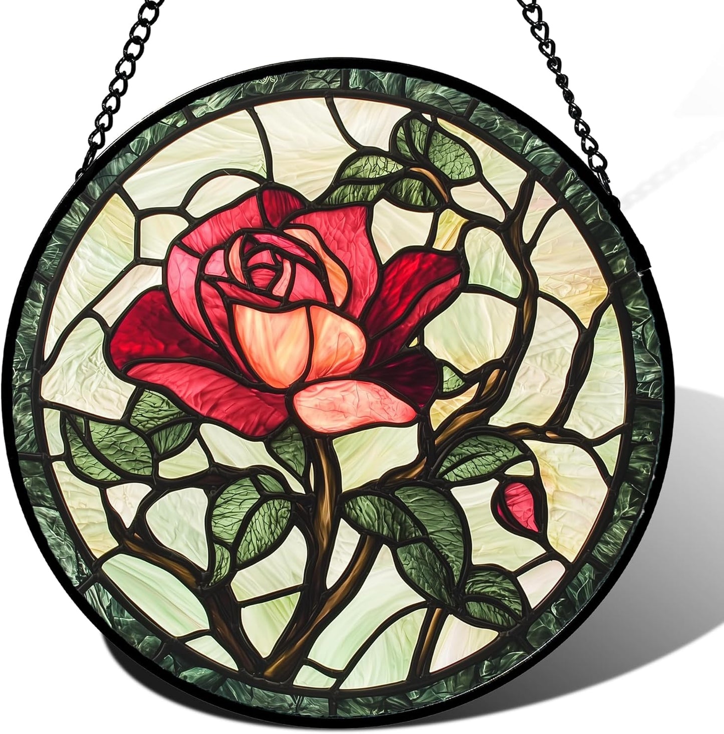 Stained Glass Window Hanging, Red Rose Flowers Sun Catcher for Door Garden Home Decor Suncatcher Christmas Mother's Day Birthday Gifts for Women Lovers Men Wife Girlfriend Mom Nana 6.3 in