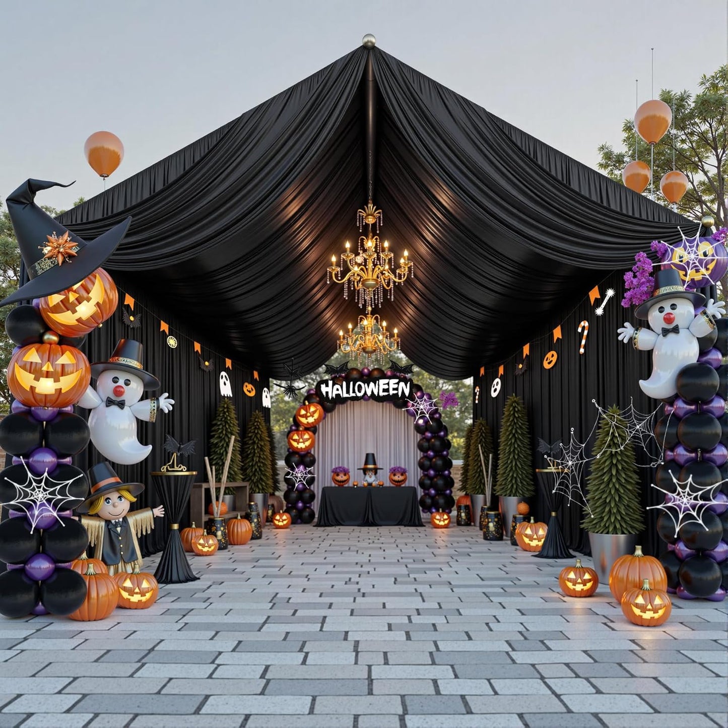 PartyVillage 12 Panels 5ftx30ft Black Ceiling Drapes for Halloween Parties – 30 FT Extra Long Thick Polyester Wrinkle-Free Drapery Tent Decor Decorations for Birthday Party Ceremony Stage Swag