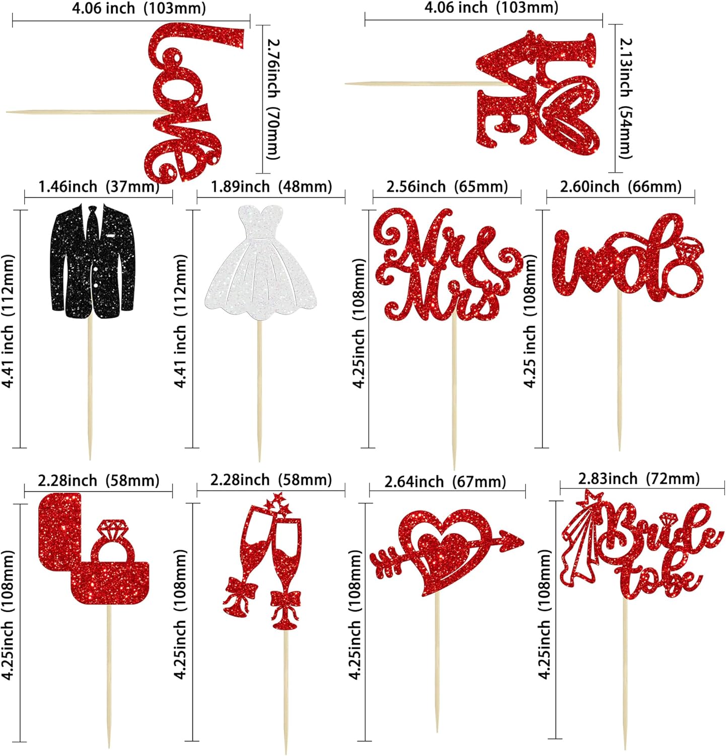 Ephlyn 30Pcs Bride to be Cupcake Toppers Glitter Wedding Cake Topper Decorations I Do Love Heart Ring Cupcake Picks for Bridal Shower Wedding Engagement Party Supplies Red