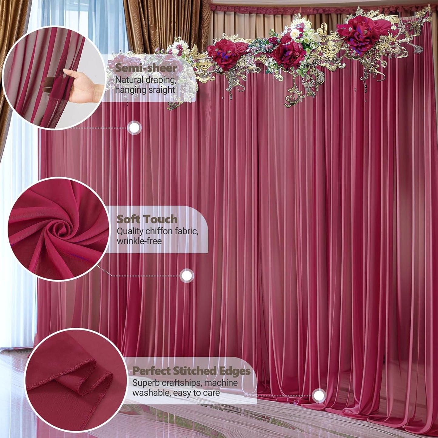 10ft x 10ft Burgundy Backdrop Curtains, Wrinkle-Free Sheer Chiffon Fabric Photo Backdrop Drapes for Wedding Arch Party Ceremony Stage Photography Decorations