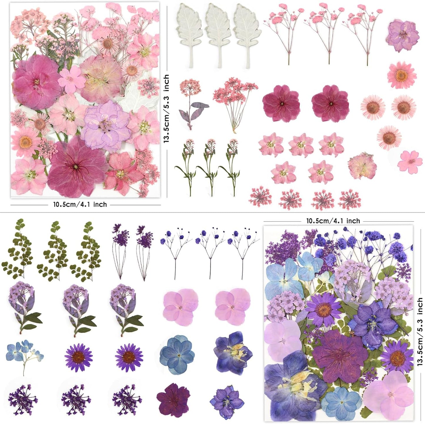 100 Pcs Dried Pressed Flowers for Crafts, Preserved & Dehydrated in Pink/Purple/Blue for Resin Art, Jewelry, Candle/Soap Making - Tweezers Included