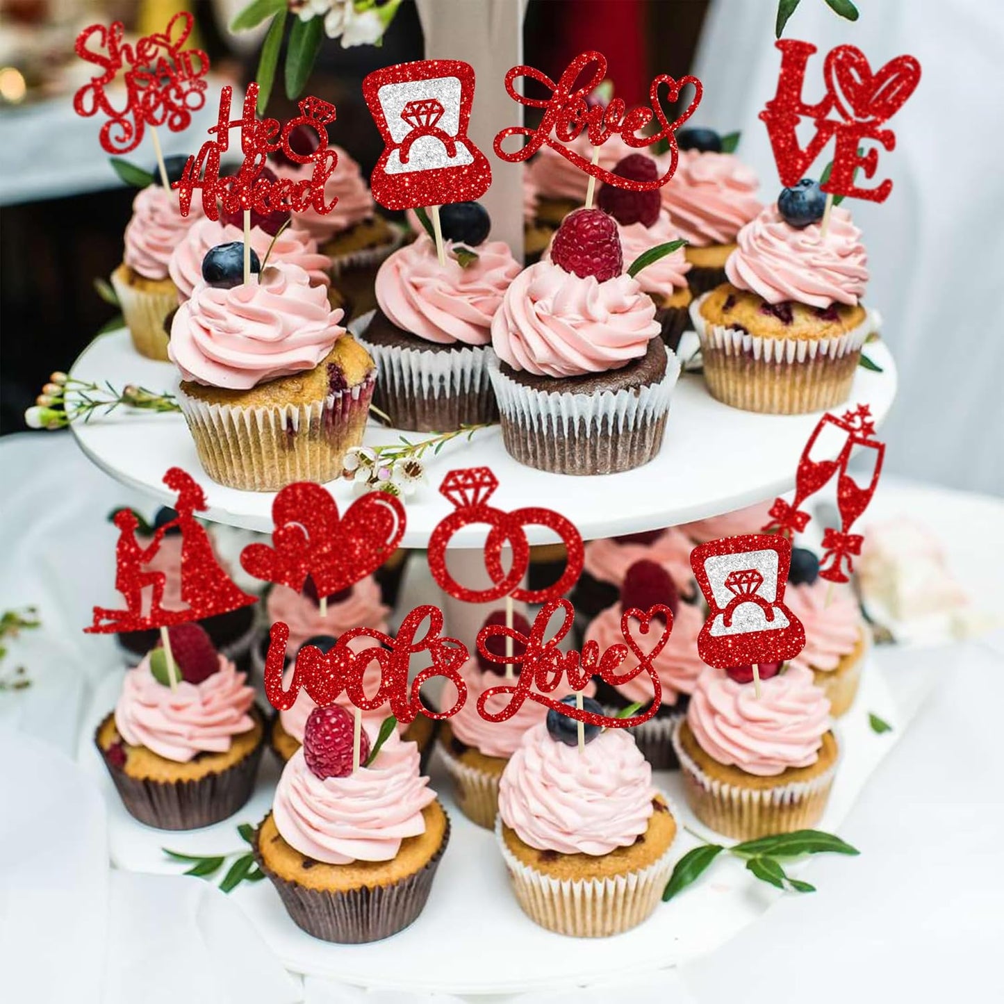 Ephlyn 30Pcs He Asked She Said Yes Cupcake Toppers Glitter Engagement Cupcake Toppers Diamond Ring Heart Love I Do Cupcake Picks for Engagement Wedding Party Cake Decorations Red