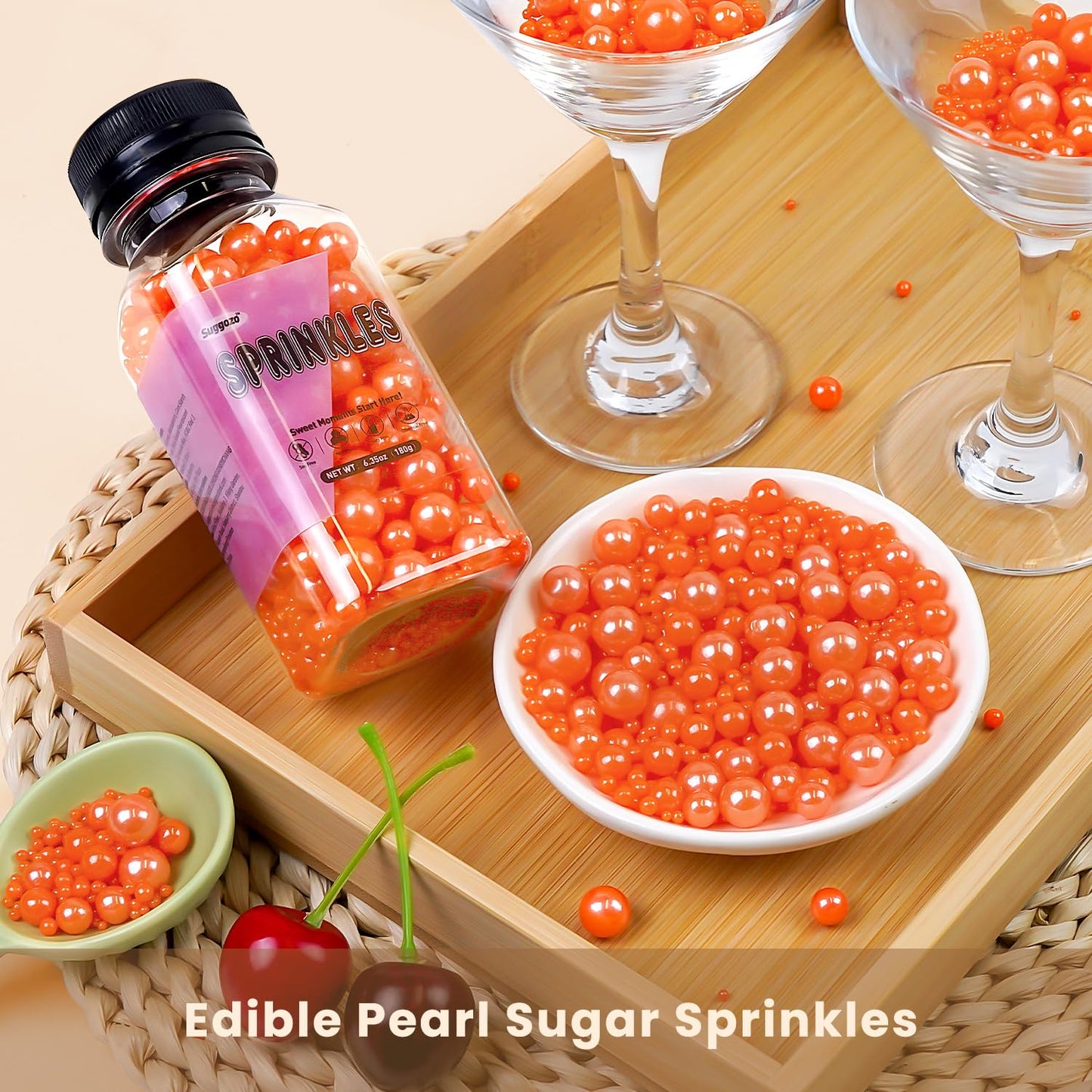 Edible Orange Pearl Sugar Sprinkles, Edible Sugar Sprinkles, Pearls for Cake Decorating, Ice Cream Toppings, Cookie Decorations, Wedding Party Halloween Supplies, 180g/6.35oz