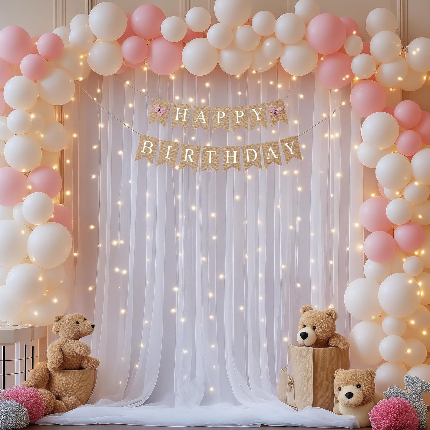 White Tulle Backdrop Curtain with Lights String, 10ft x 10ft for Weddings Baby Showers Birthday Parties, Sheer Wrinkle Free Backdrop, Easy to Install Photo Booth Background Decorations
