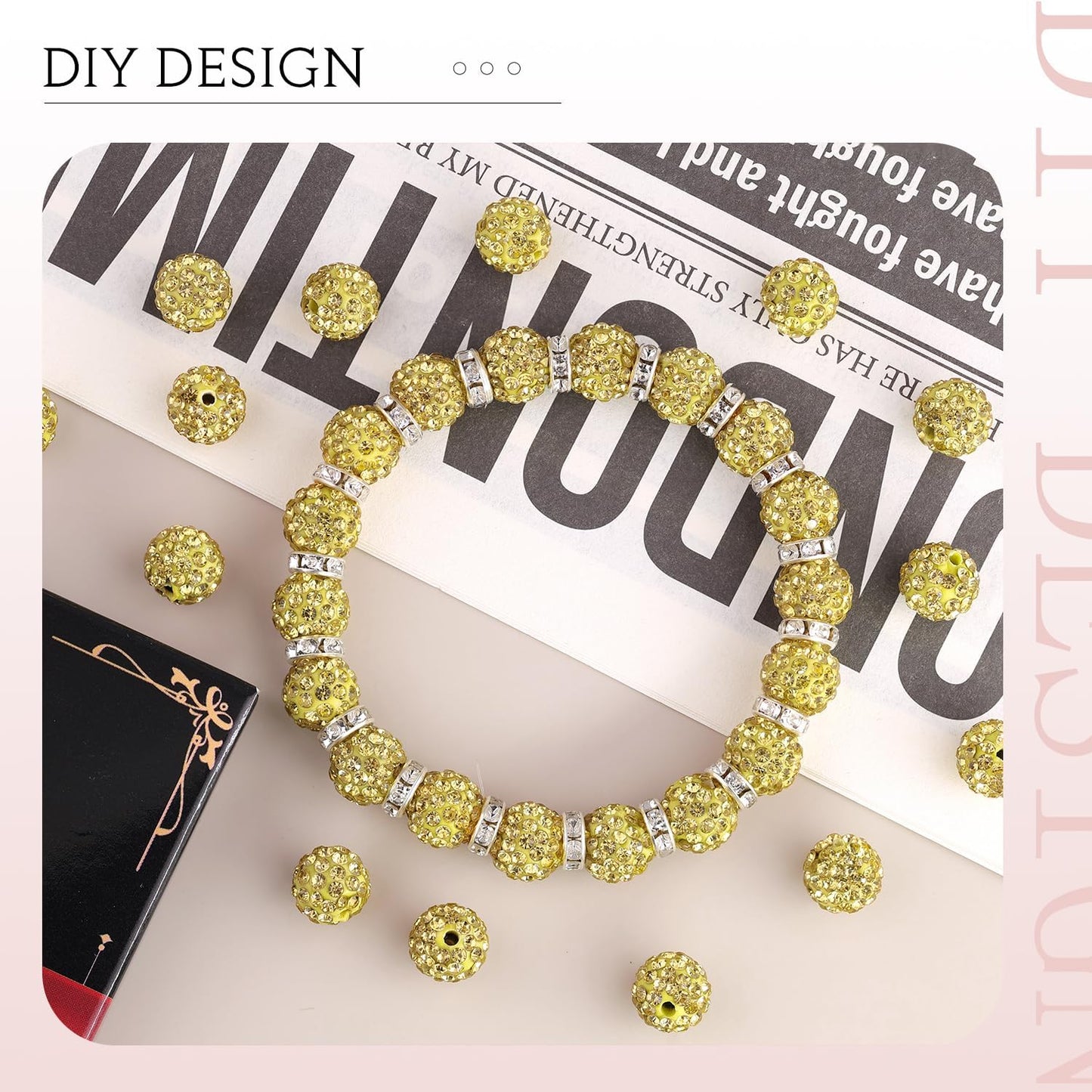 150pcs 10mm Rhinestone Beads for Jewelry Making, Light Yellow Shiny Round Shamballa Disco Beads Bulk, Sparkle Crystal Clay Christmas for Bracelet Baseball Necklace Earring Crafting and DIY