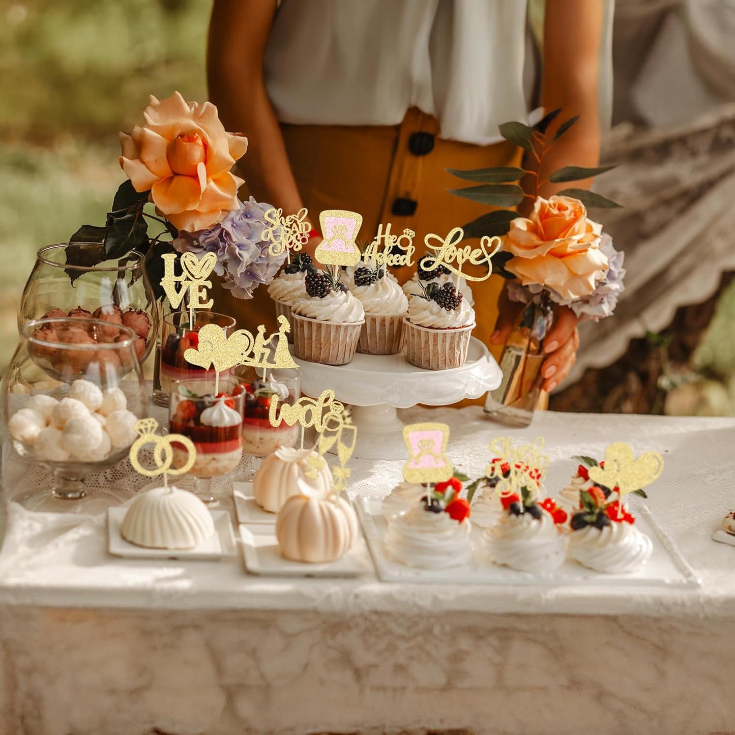 Ephlyn 30Pcs He Asked She Said Yes Cupcake Toppers Glitter Engagement Cupcake Toppers Diamond Ring Heart Love I Do Cupcake Picks for Engagement Wedding Party Cake Decorations Gold