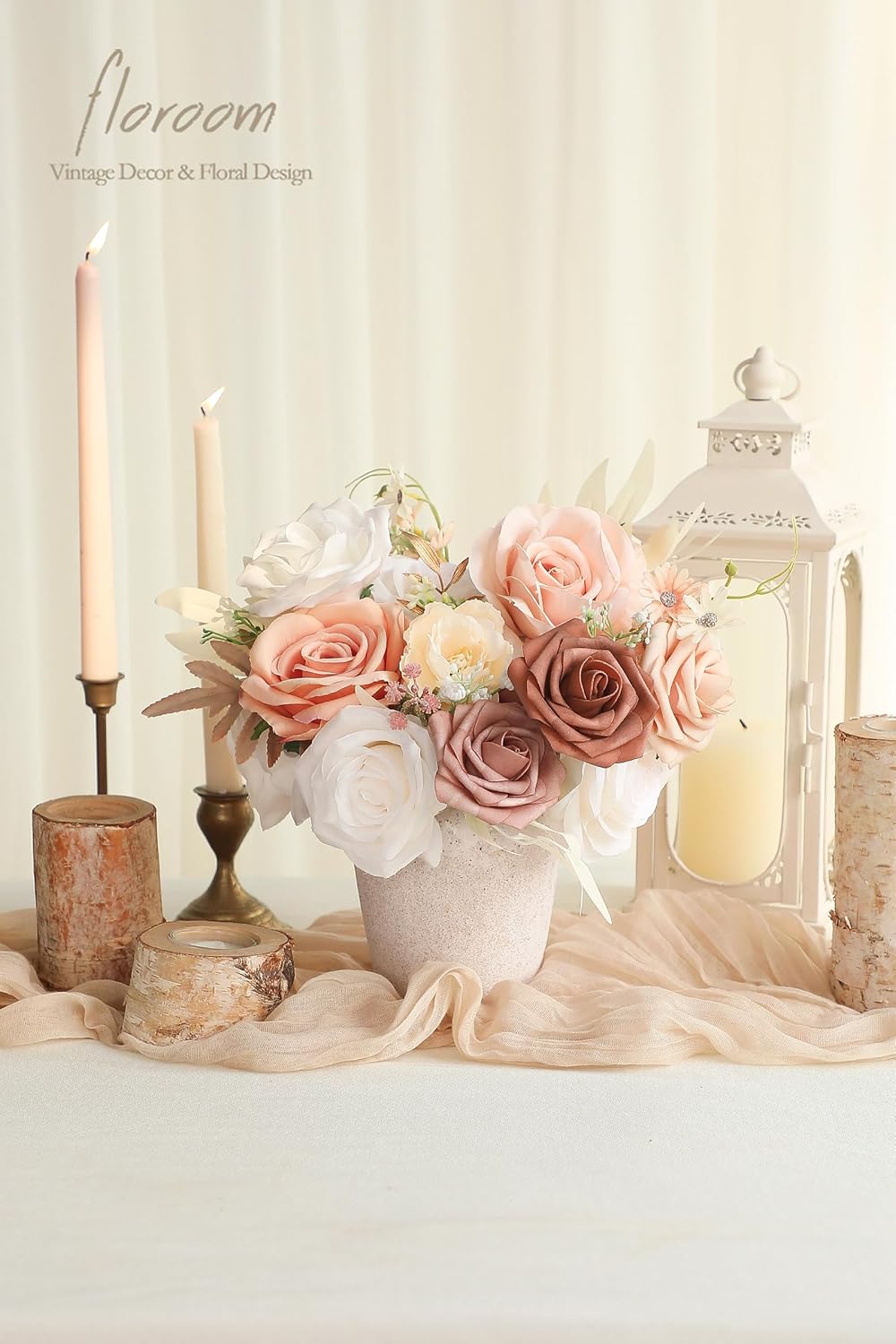 Floroom Morandi Peach Artificial Flowers Fake Roses Peonies and Greenery Combo Box Set for DIY Wedding Bouquets Bridal Shower Centerpieces Floral Arrangements Party Tables Home Decorations