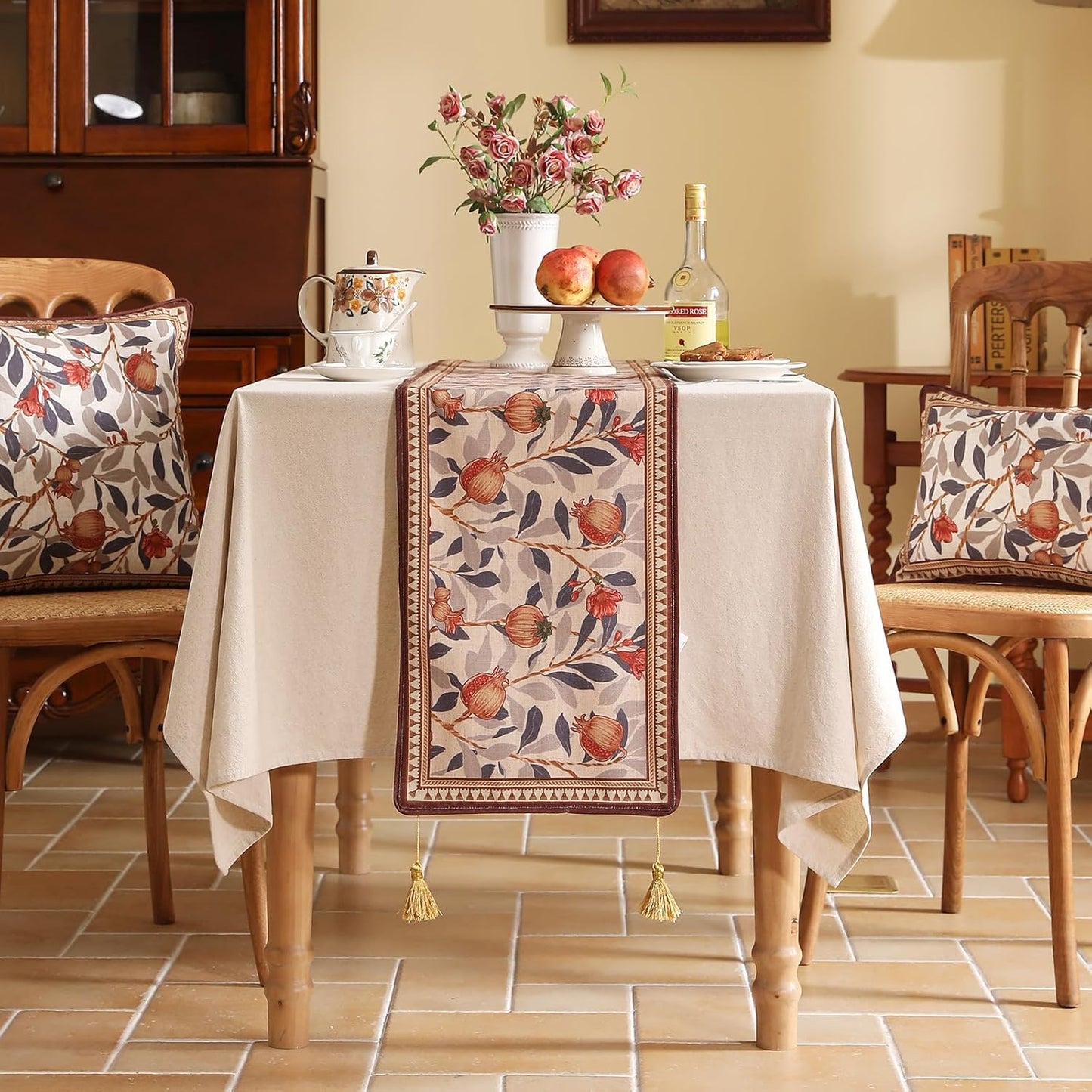 patdrea Designer Vintage SaddleBrown Linen Table Runner 71 Inch Long, Pomegranates Pattern Table Mat, Decoration for Kitchen Dining Table Coffee Table Shelf Cabinet Banquet Christmas ,12"*71"