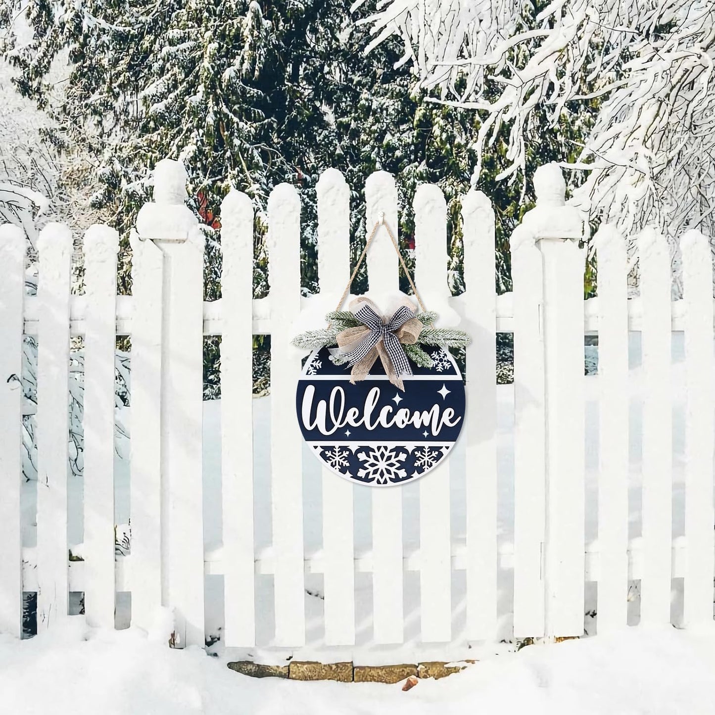 CHDITB Blue Welcome Winter Front Door Sign Wreath(11.4”), Wooden 3D Welcome Home Decoration Wall Hanging with Plaid Bow Snowflake, Farmhouse Christmas New Year Decor for Home Office