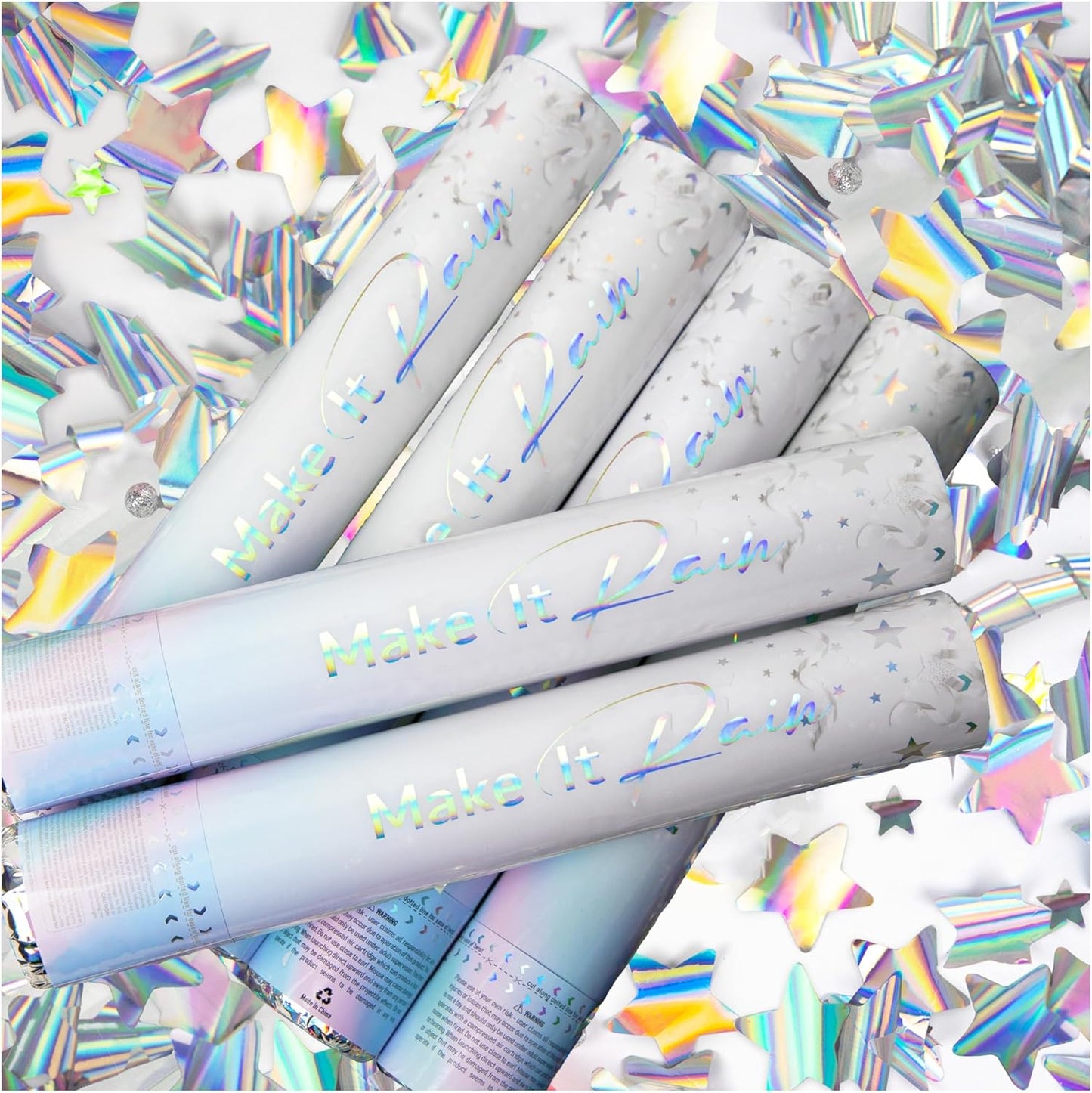 PrimePure Confetti Cannon Party Poppers - Holographic Silver Stars Confetti Popper & Streamer - 6 Pack - Easy-to-Use Party Cannon - Silver Glitter Star Pop Gun for Graduation, Wedding, Birthday, Prank
