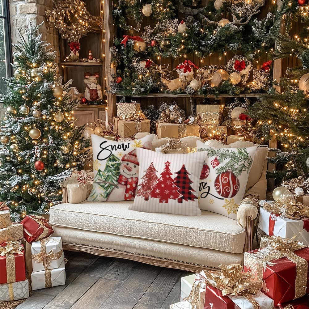 GEEORY Winter Christmas Throw Pillow Covers 16 x 16 Inch Set of 4, Xmas Trees Snowflake Snowman Joy Holiday Farmhouse Decorative Cushion Cases for Home Decoration G583-16