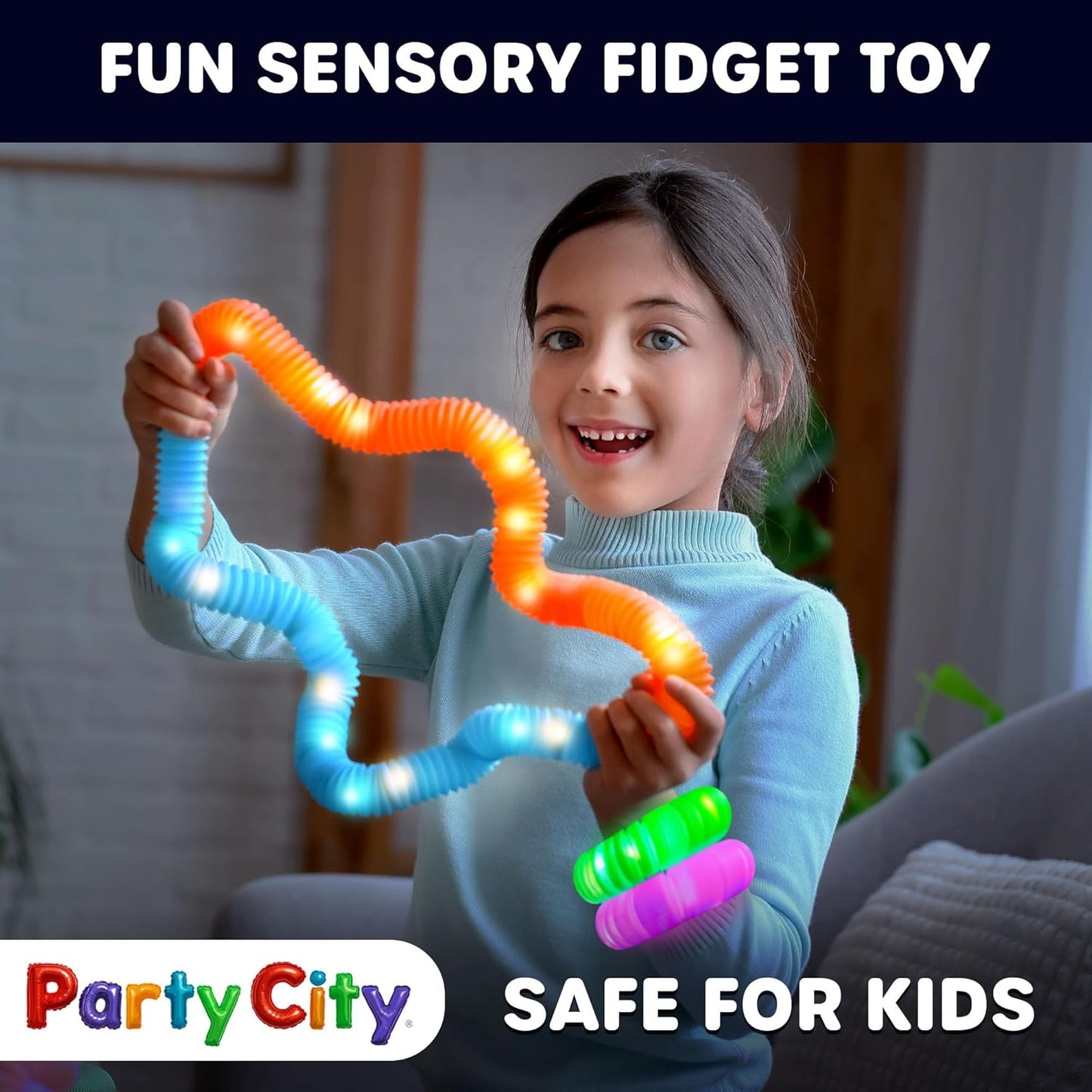 Party City 24pk LED Light Up Pop Tubes 25”- 3 Mode Stretchy Tubes LED Light Up Toys Bulk Glow Sticks Party Favors for Kids Necklaces Bracelets Neon Glow in the Dark Supplies Fidget Sensory Tube Pack