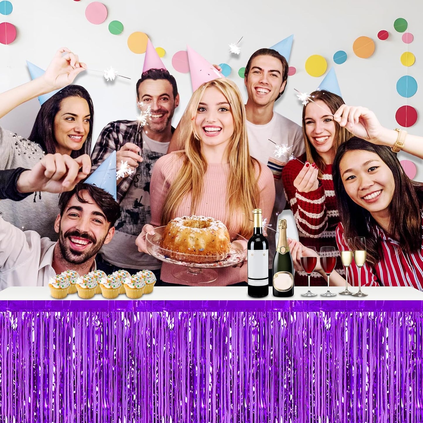 3 Pack 29x108 Inch Purple Foil Fringe Table Skirts Metallic Banner for Tinsel Streamer Garland Backdrop for Parade Floats Wedding Thanksgiving Birthday Christmas Halloween Party Decoration