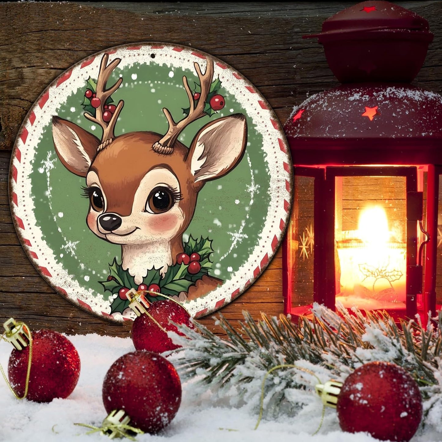 Round Retro Reindeer Metal Tin Sign - Vintage Christmas Decor for Home Coffee Wall - 12 * 12 in