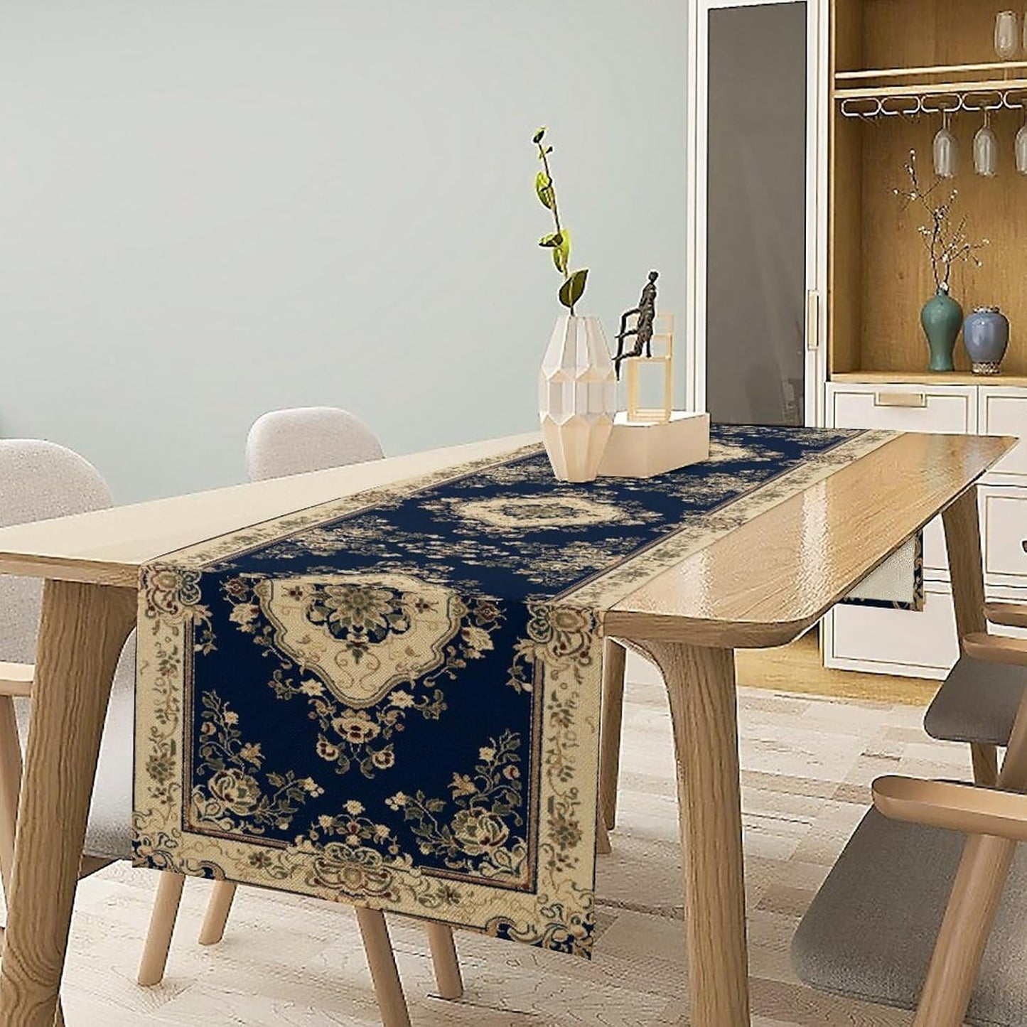 Vintage Elegant Farmhouse Table Runner Blue Beige Flower for Home Farmhouse Kitchen Table Dining Coffee Room Garden Party Wedding Decor 13x72in