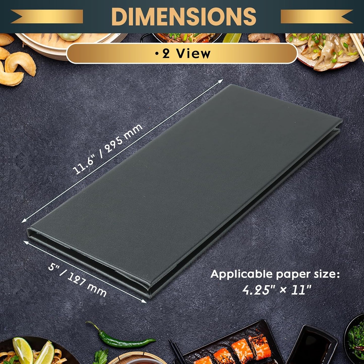 12 Pack 2 View Menu Holder Menu Covers 4.25" x 11" | Black Leather Menu Sleeves Book Style for Restaurant Coffee Bars Wine List