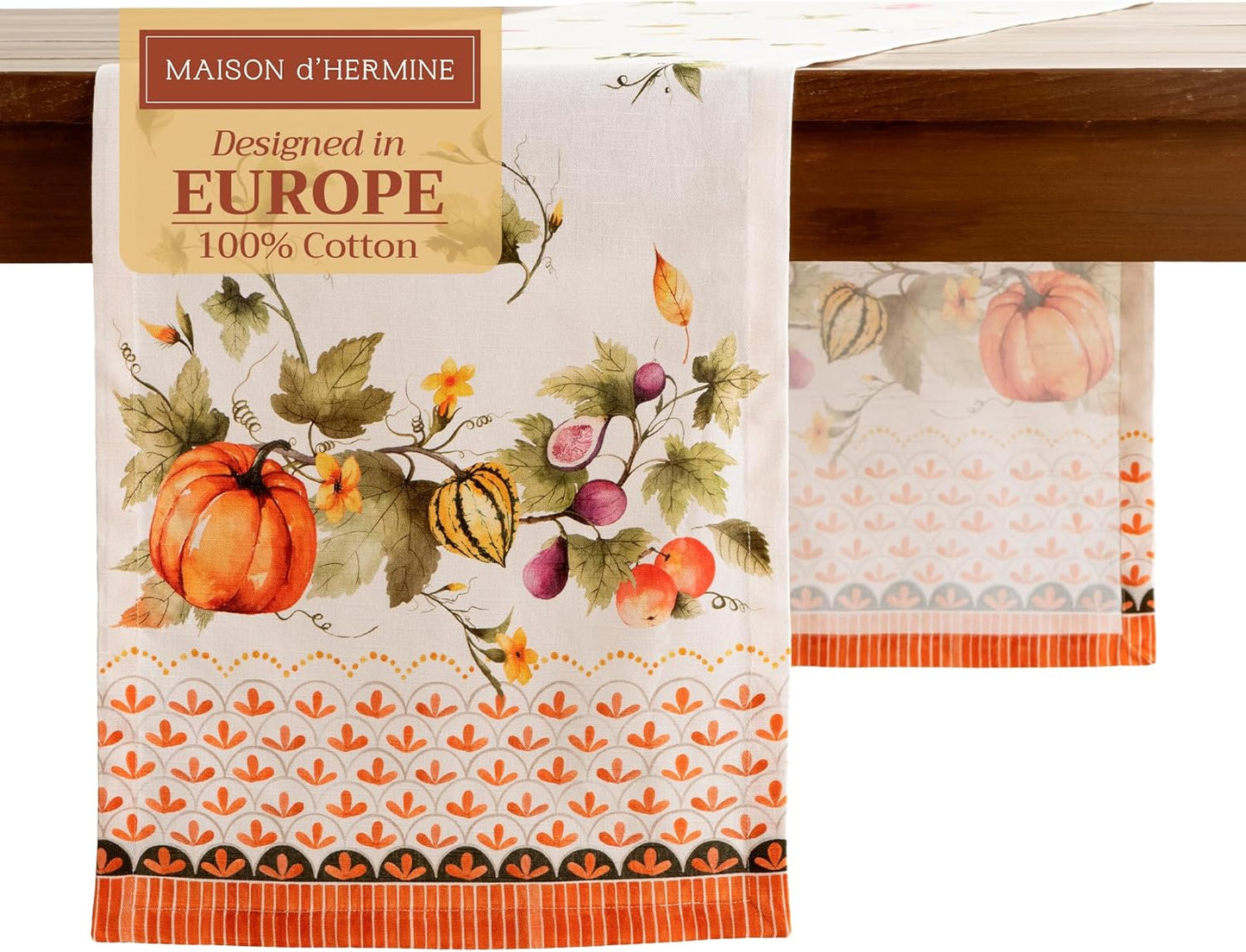 Maison d' Hermine Table Runner 100% Cotton Single Layer Table Runners 72 inches Long for Thanksgiving Christmas Decorations Home Kitchen Dining Wedding (Pumpkin Garden - Cloudy Cream, 14.5" x 72")