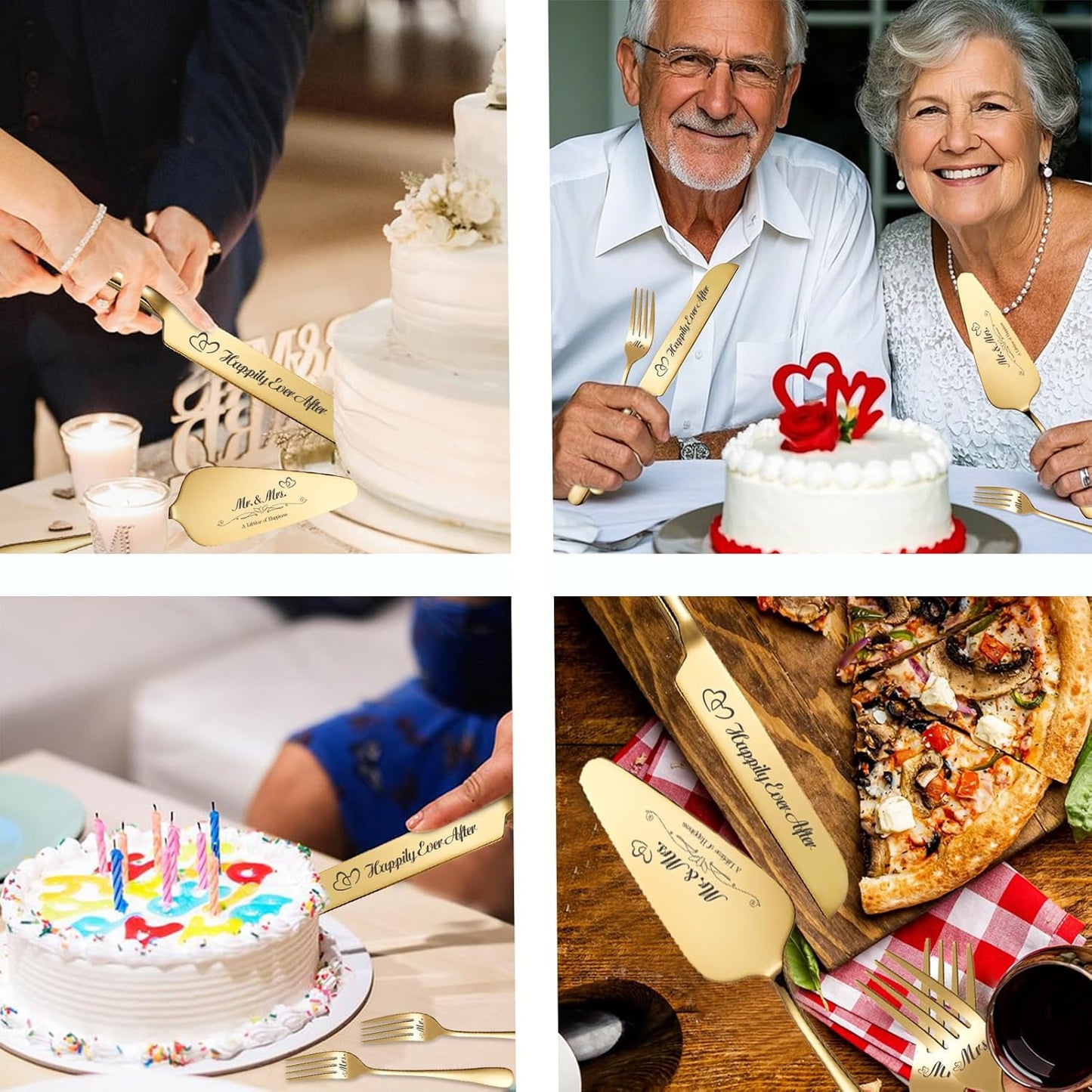 Personalized Wedding Cake Knife and Server Set, Wedding Gold Cake Cutting Set with Stainless Steel Forks, Customized Bridal Anniversary Birthday Wedding Registry Gifts for Couple (Non-customized)