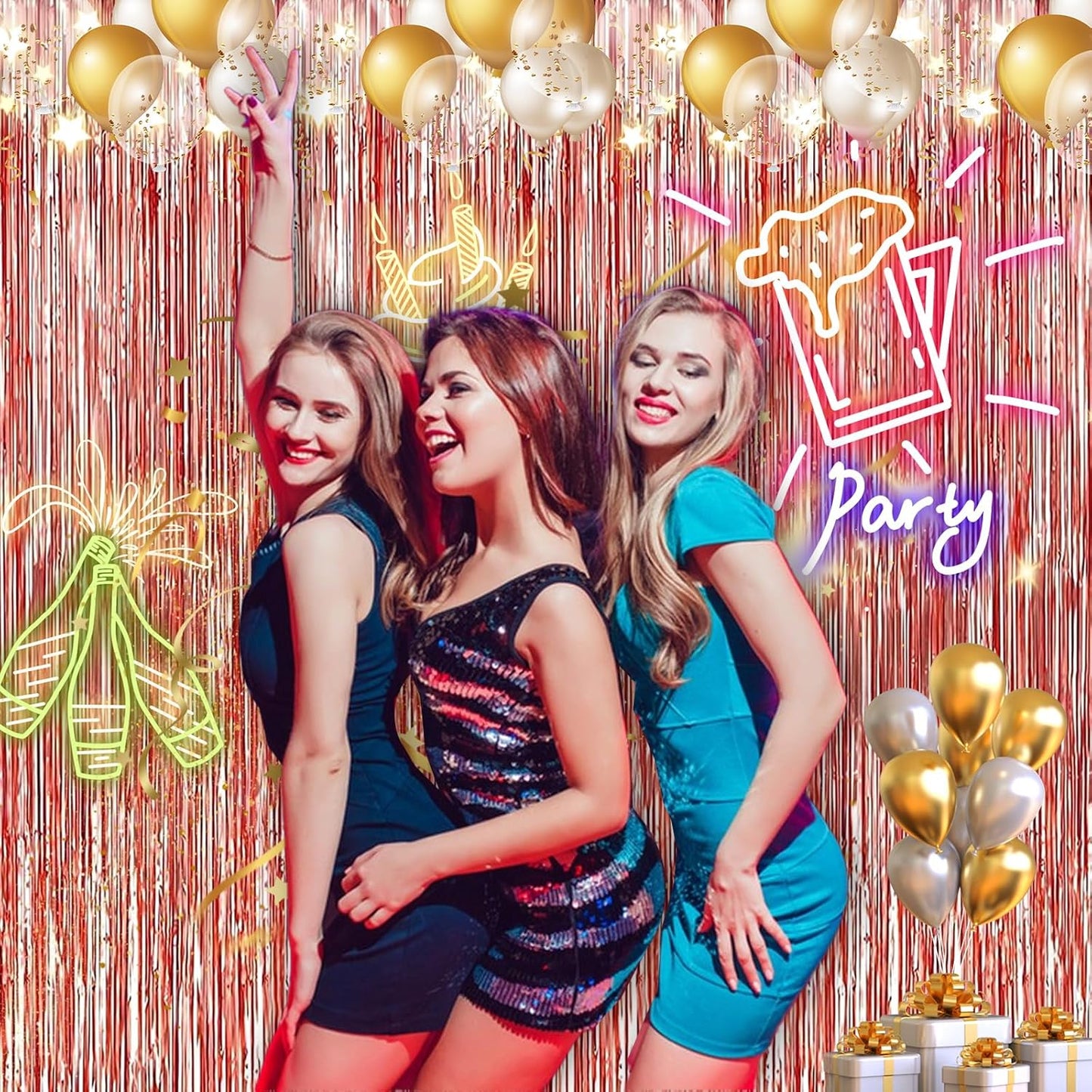 2 Pack 3.2 ft x 9.8 ft Rose Gold Tinsel Curtain Party Backdrop Decorations, Metallic Foil Fringe Backdrop Door for Halloween, Christmas, Birthday Graduation Wedding Party Streamers Photo Backdrop.