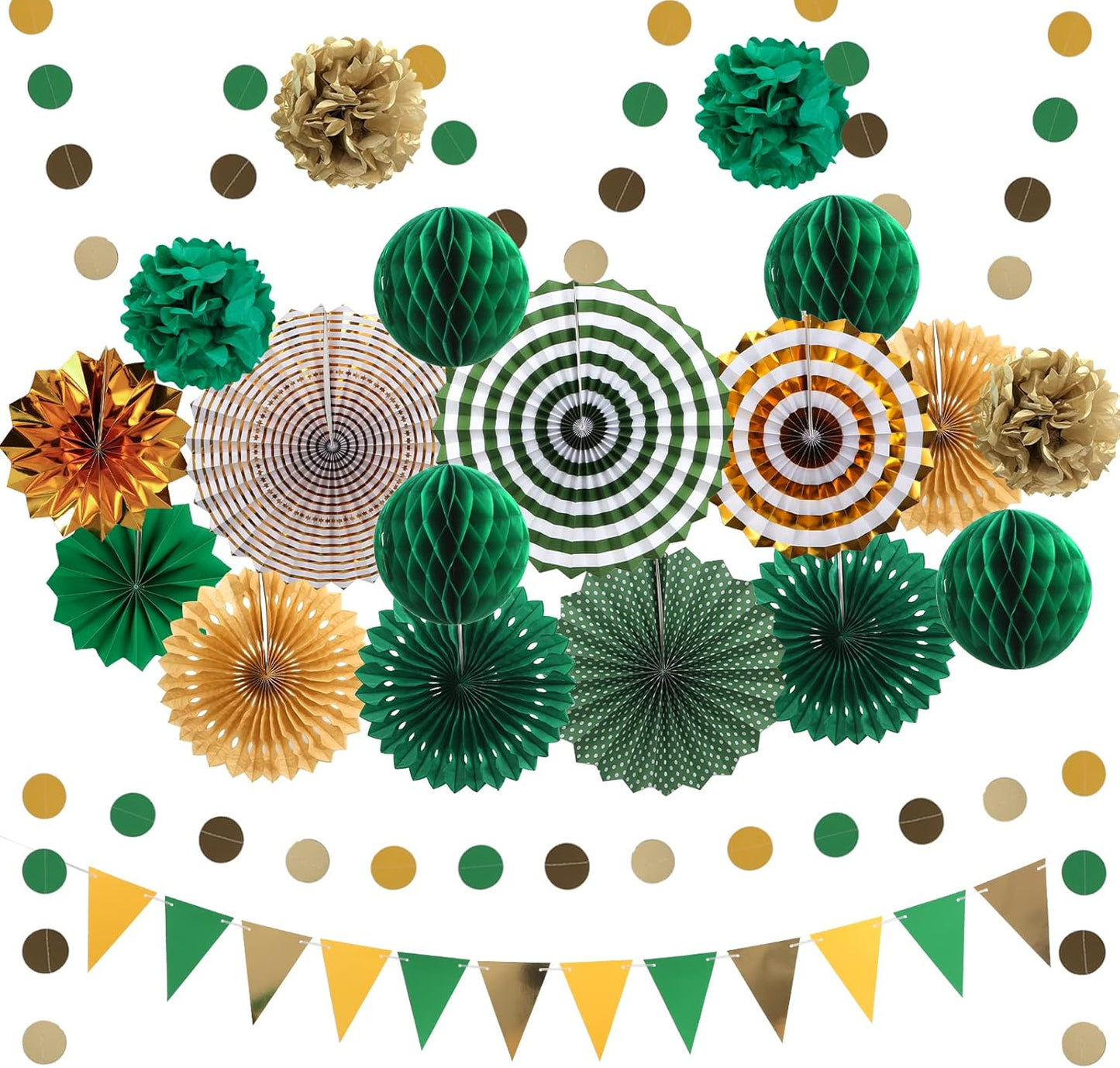 Green and Gold Party Decorations, 23Pcs Hanging Paper Fans, Pom Poms Flowers, Garland String Polka Dot and Triangle Bunting Flag Packs for Girl Birthday Bridal Shower Baby Showers