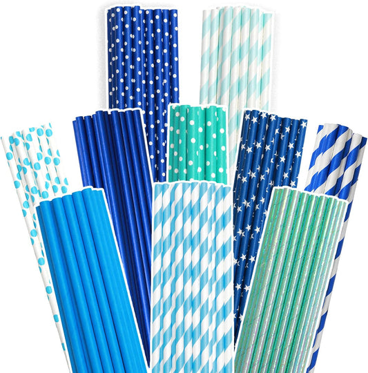 Blue Paper Straws 150pcs Disposable Bulk(10 Pattern) qiqee