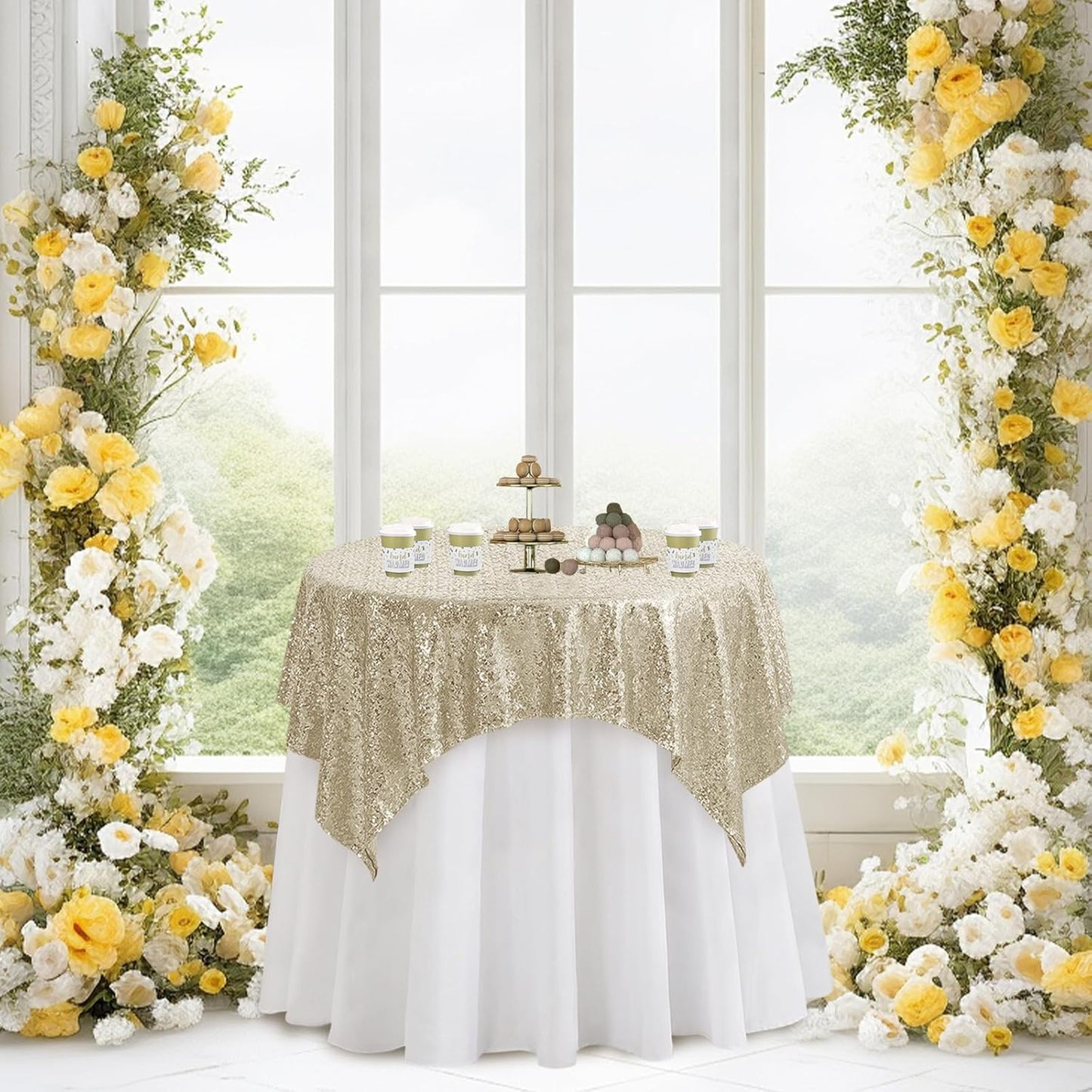 Square Champagne Sequin Tablecloth- 50x50 inch, Seamless Sparkle and Glitter Party Table Cloth, Shiny&Elegant Table Overlays for Wedding Birthday Ceremony Prom Decorations