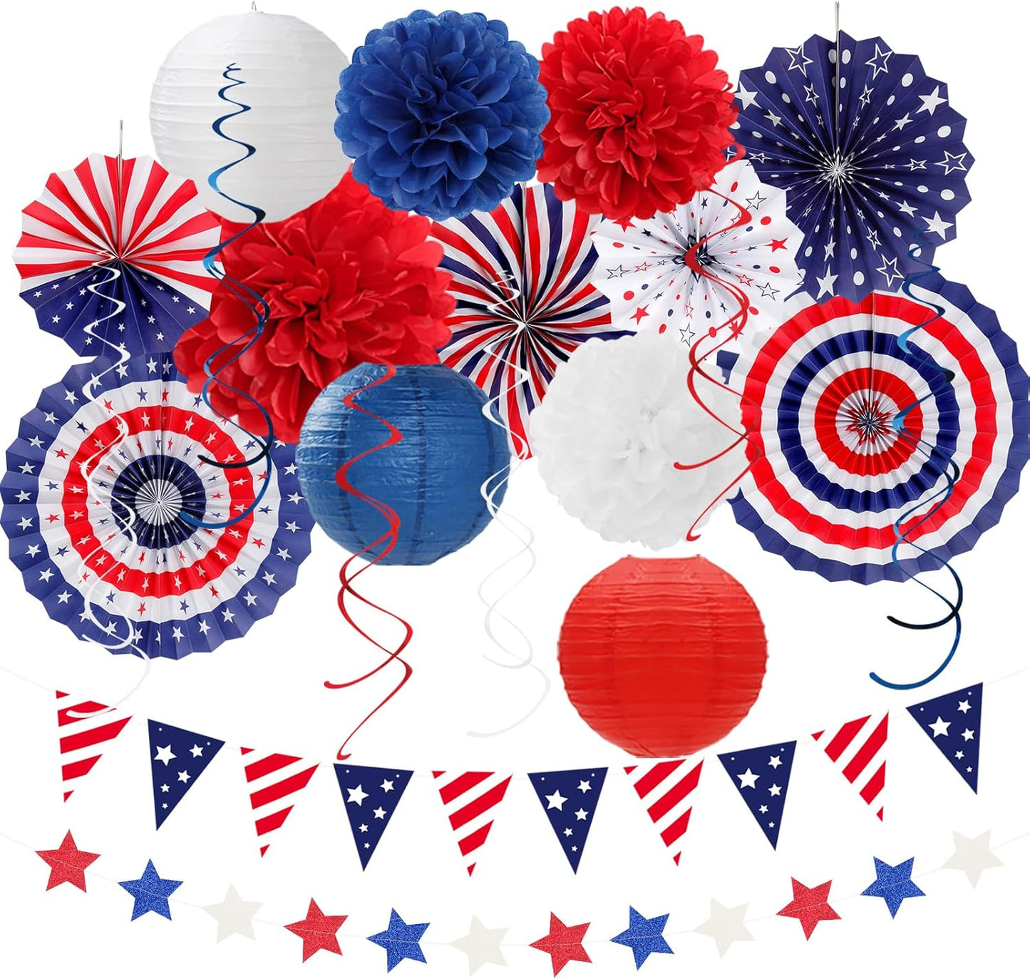 Red-White Blue Memorial-Day Patriotic Decorations - 21pcs 4th Fourth of July Paper Lanterns Fans,Tissue Pom Poms Streamers,Honeycomb Balls,USA Americana Independence Banner Decor Burgleda