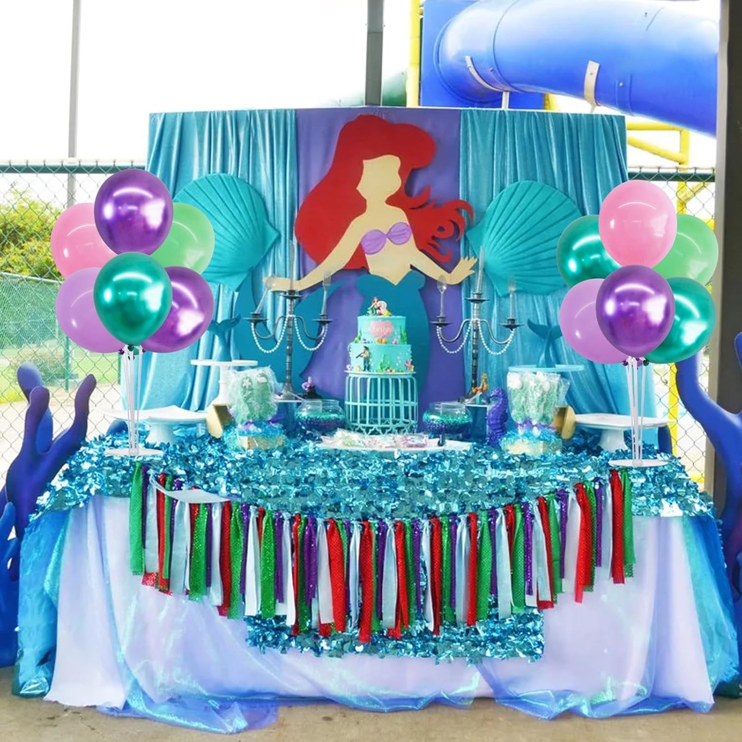 TONIFUL 4 Set Metallic Purple Pink Green Balloon Stand Centerpiece Table Decorations for Girls Mermaid Birthday Party Decoration,Baby Shower, Summer Luan Party, Under The Sea Party Decorations
