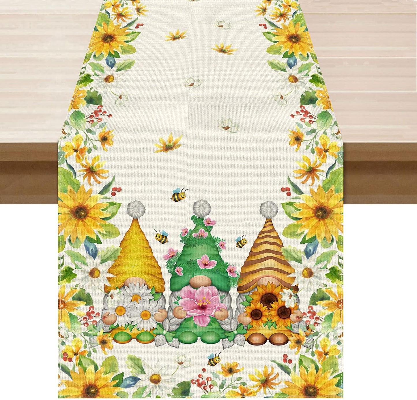 XCHI Yellow White Daisies Flowers Gnomes Spring Table Runner Burlap Table Decoration for Summer Seasonal Home Kitchen Dining Dinner Indoor Holiday Farmhouse Decor 13x36 Inch