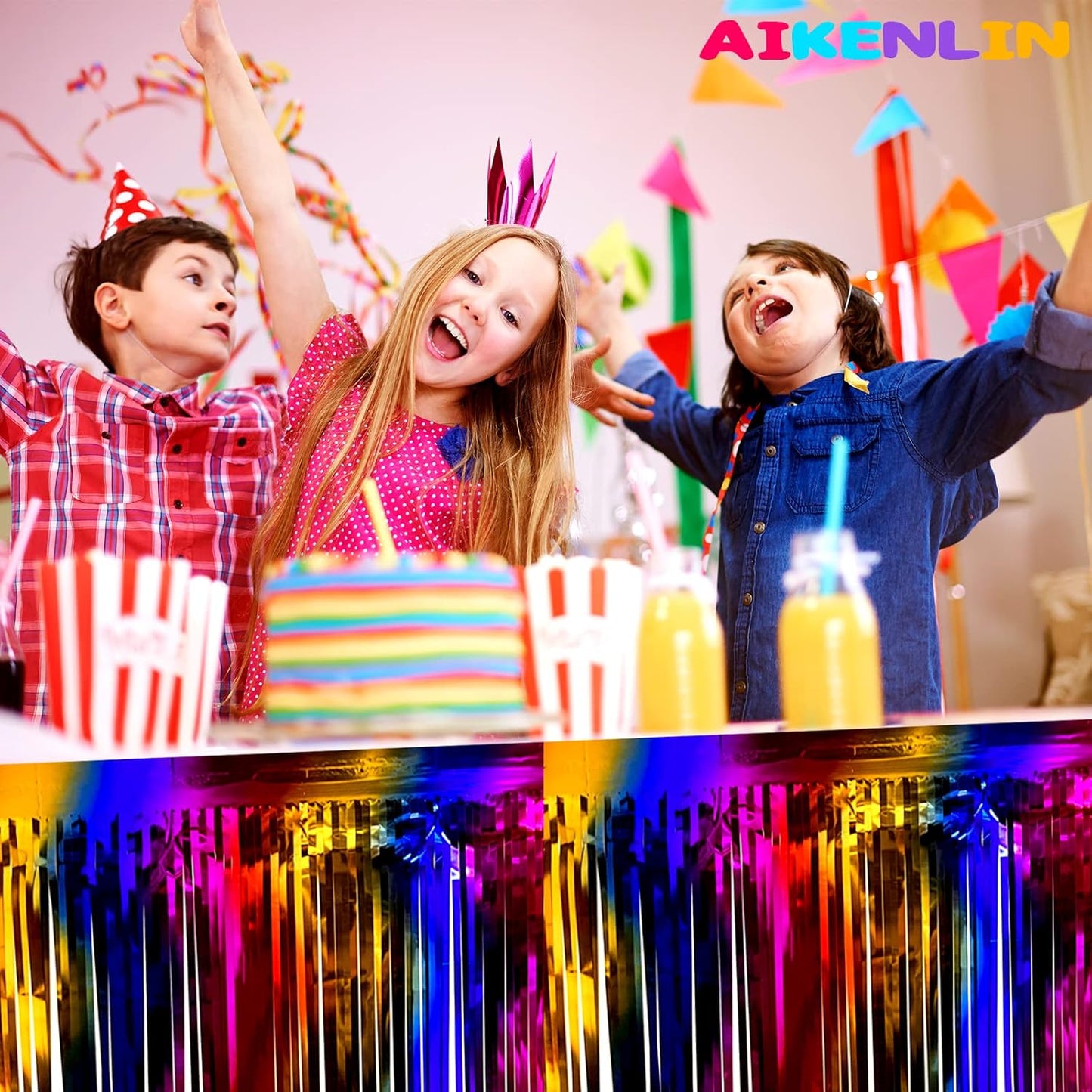 6 Pack 29x108 Inch Metallic Foil Fringe Tinsel Table Skirts Banner for Rectangle Tables Streamer Garland Curtains Backdrop for Wedding, Birthday, Parade Floats, Halloween Party Decoration(Rainbow)