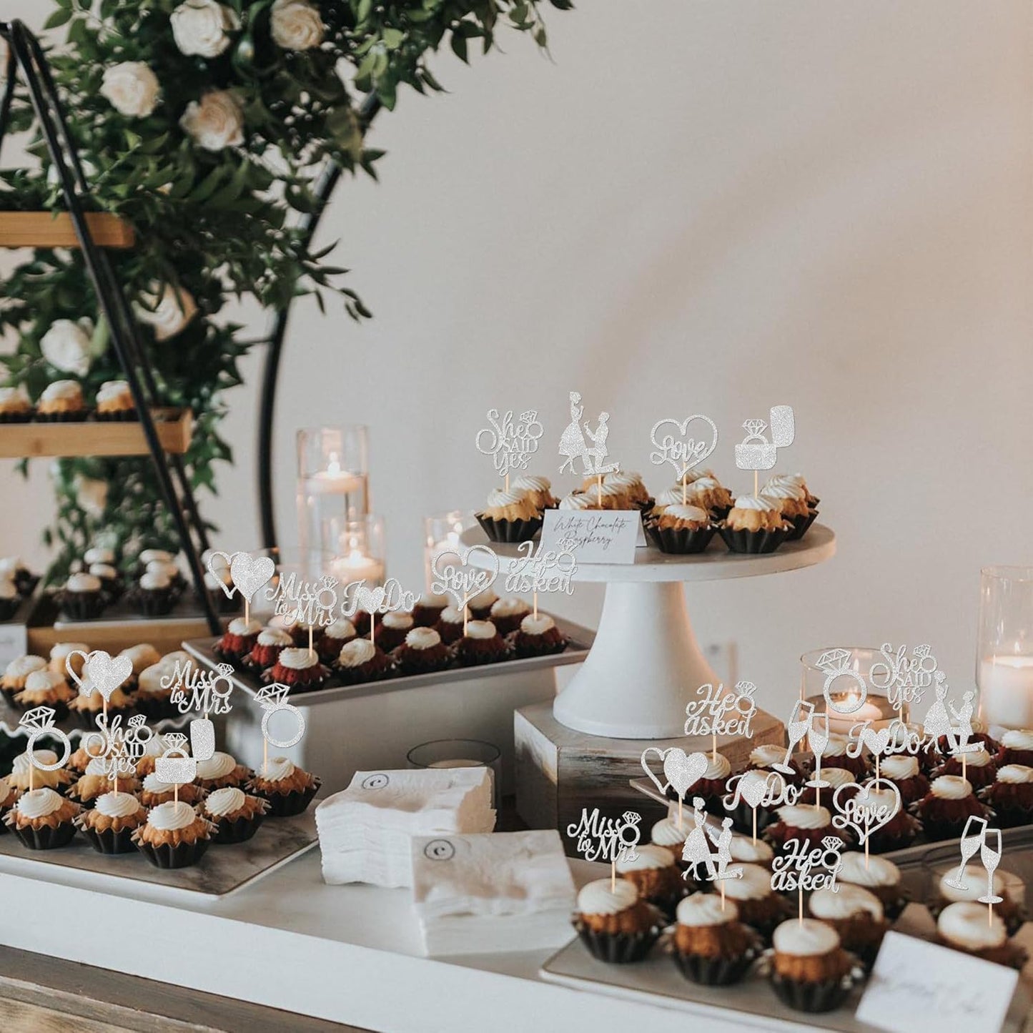 30 PCS He Asked She Said Yes Cupcake Toppers Engagement Cupcake Toppers Miss to Mrs I Do Love Heart Ring Miss to Mrs Cupcake Picks for Wedding Engagement Party Cake Decorations Supplies Silver