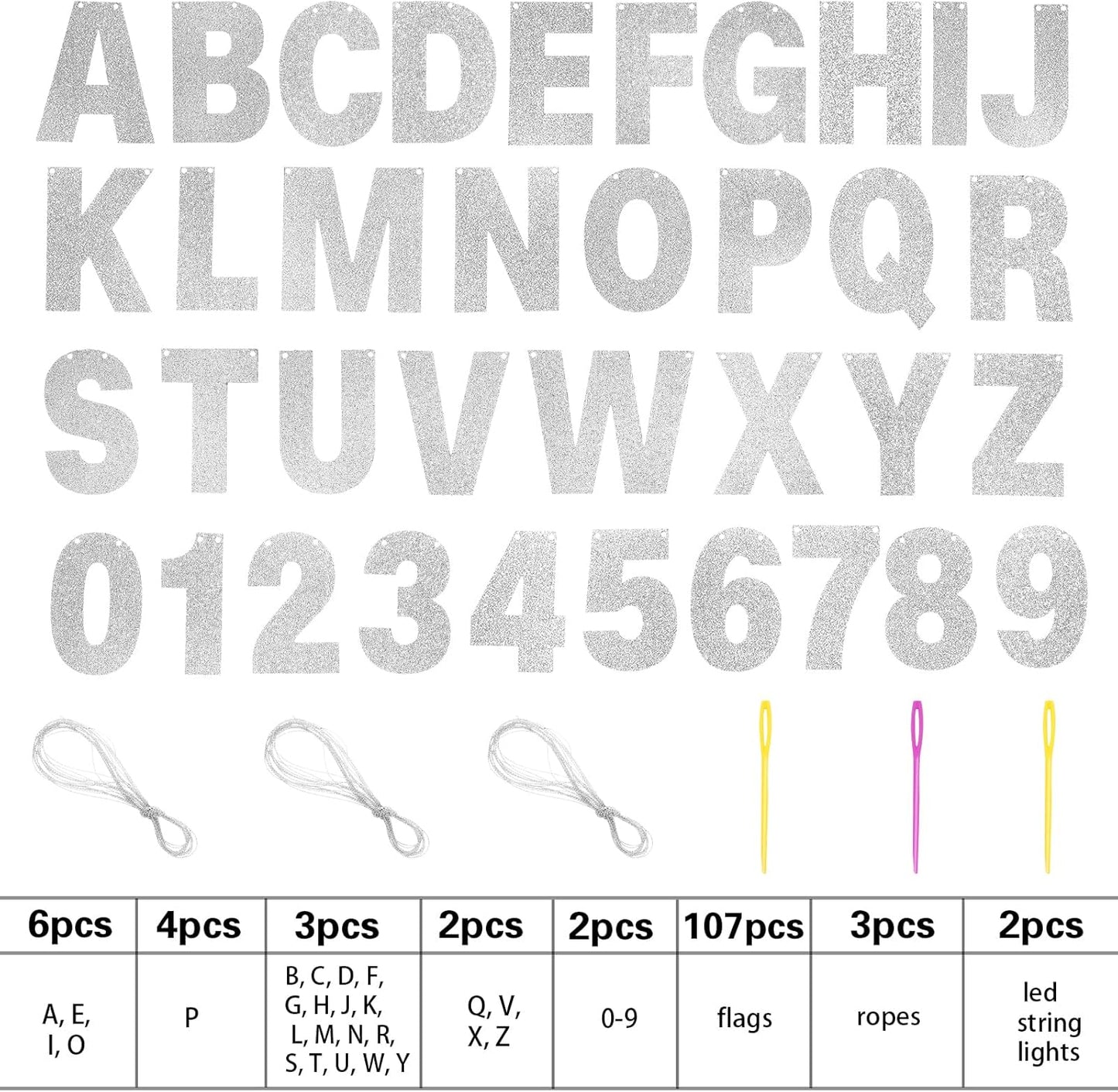 TaoBary 112 Pcs DIY Letter Custom Banner Glitter Customizable Banner Kit Including 107 Letters and Numbers 3 Rope for Valentine Birthday Party(Silver)