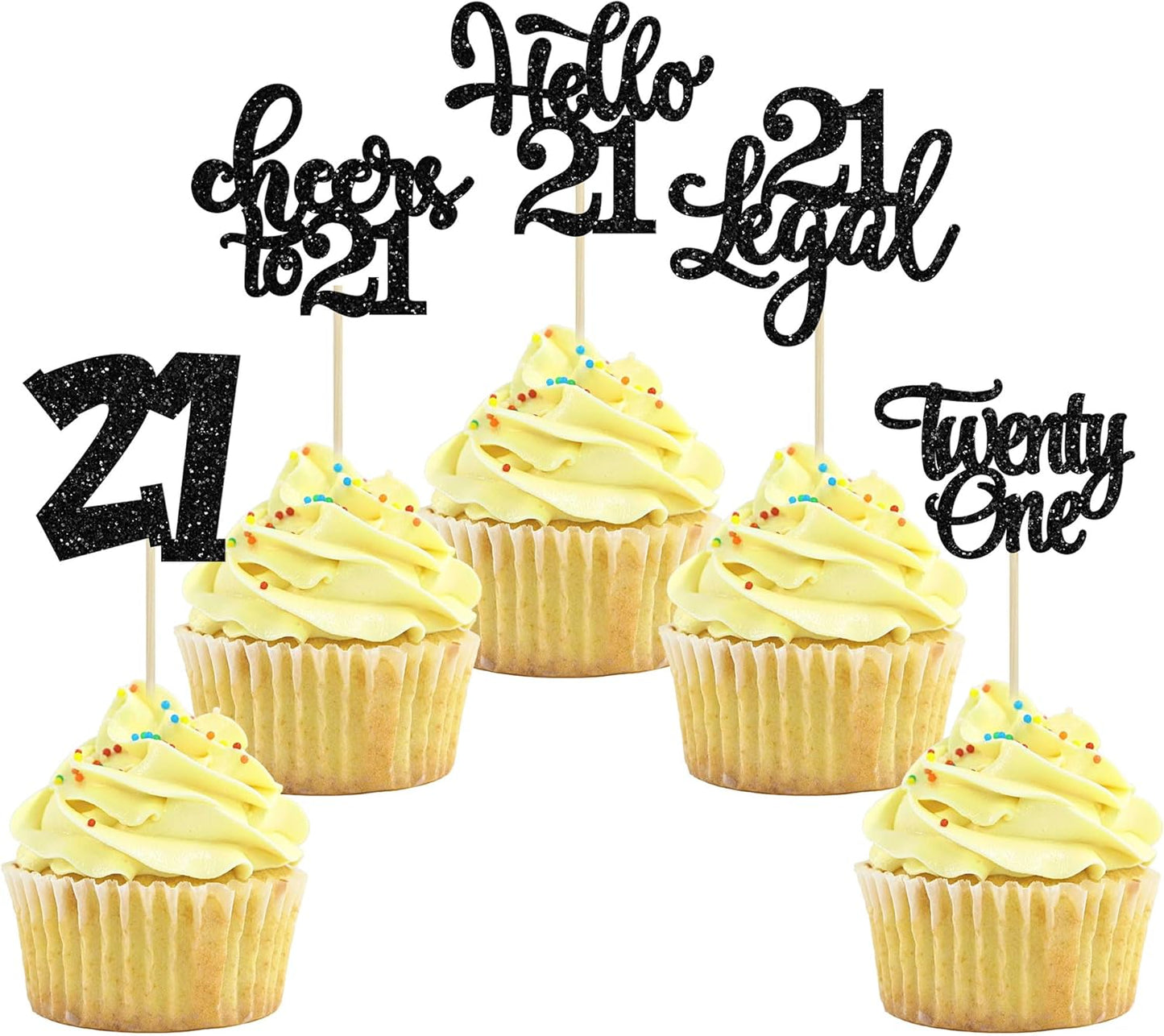 30pcs 21st Birthday Cupcake Toppers - Legal 21st Cupcake Picks - Cheers to 21 Years Old Cake Decorations - Black Glitter