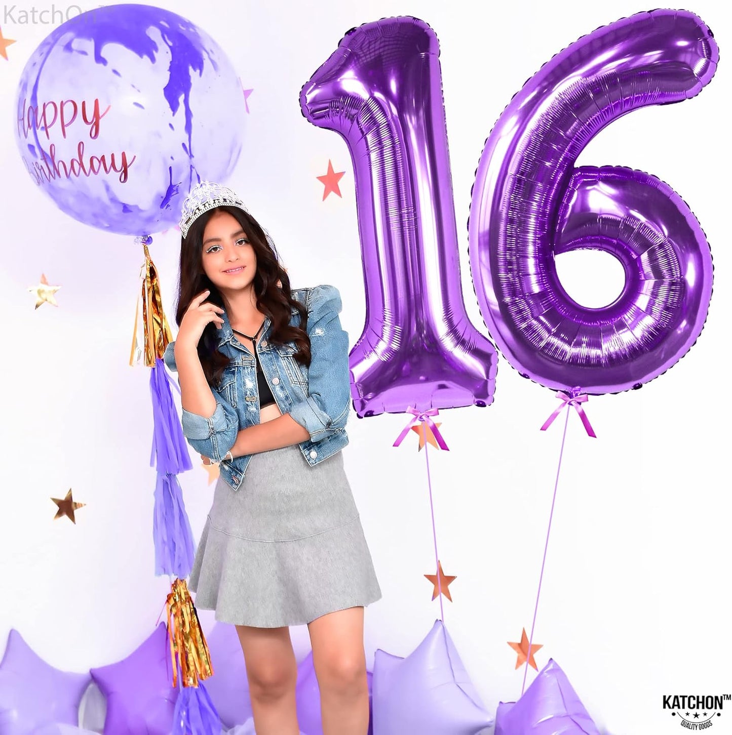 KatchOn, Purple 16 Balloons Number - Giant, 40 Inch | Mylar 16 Balloon Numbers Purple for Sweet 16 Party Decorations Purple | Sweet 16th Birthday Decorations for Girls | Purple Sweet 16 Decorations