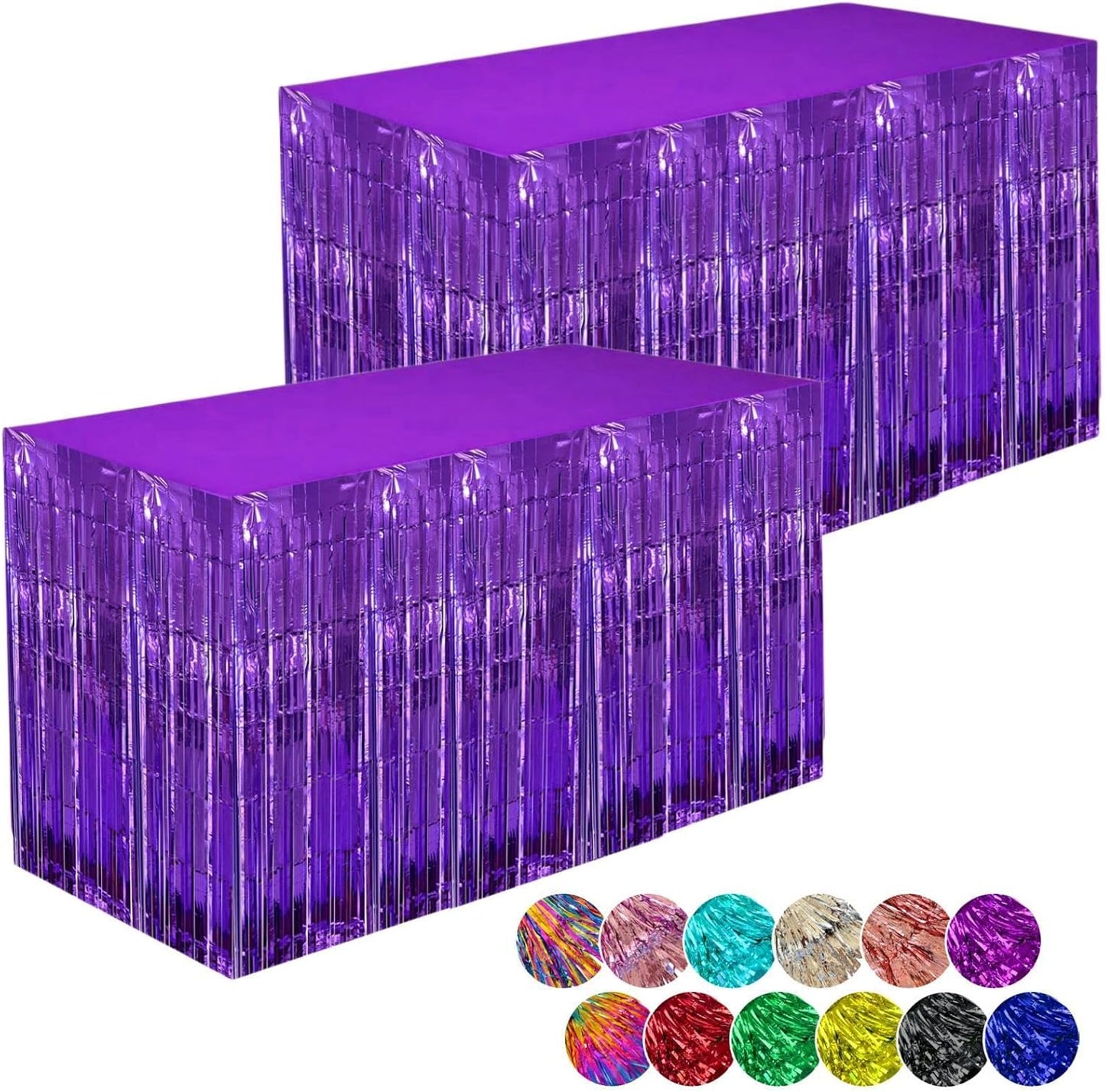 Purple Streamers Party Decorations, 2 Packs Purple Table Skirts Metallic Foil Fringe Tinsel for Birthday Graduation Mermaid Easter Wizard Float Parade Mardi Gras Halloween Party Supplies - 29x108 Inch