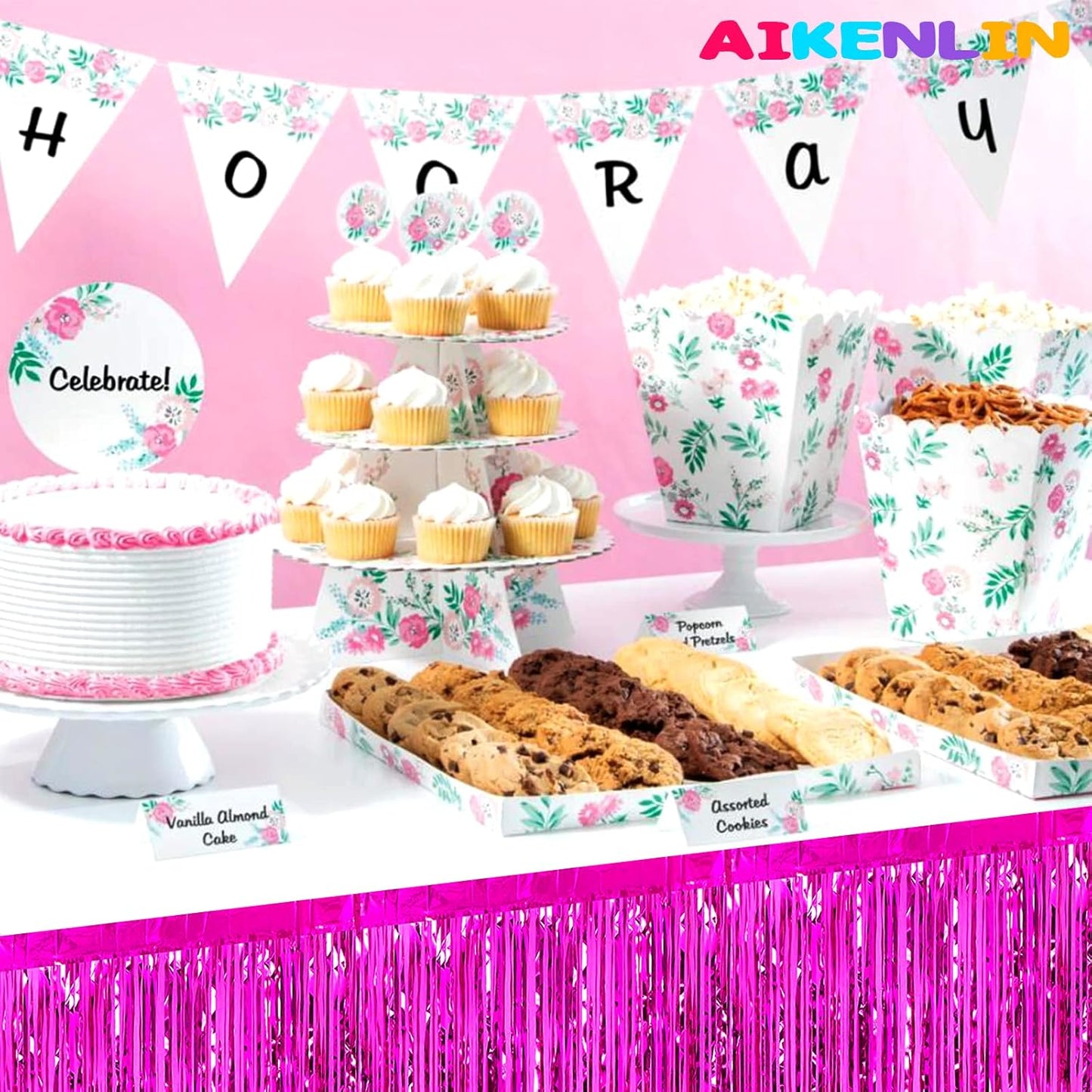 6 Pack 29x108 Inch Metallic Foil Fringe Tinsel Table Skirts Banner for Rectangle Tables Streamer Garland Curtains Backdrop for Wedding, Birthday, Parade Floats, Christmas Party Decoration(Fuchsia)