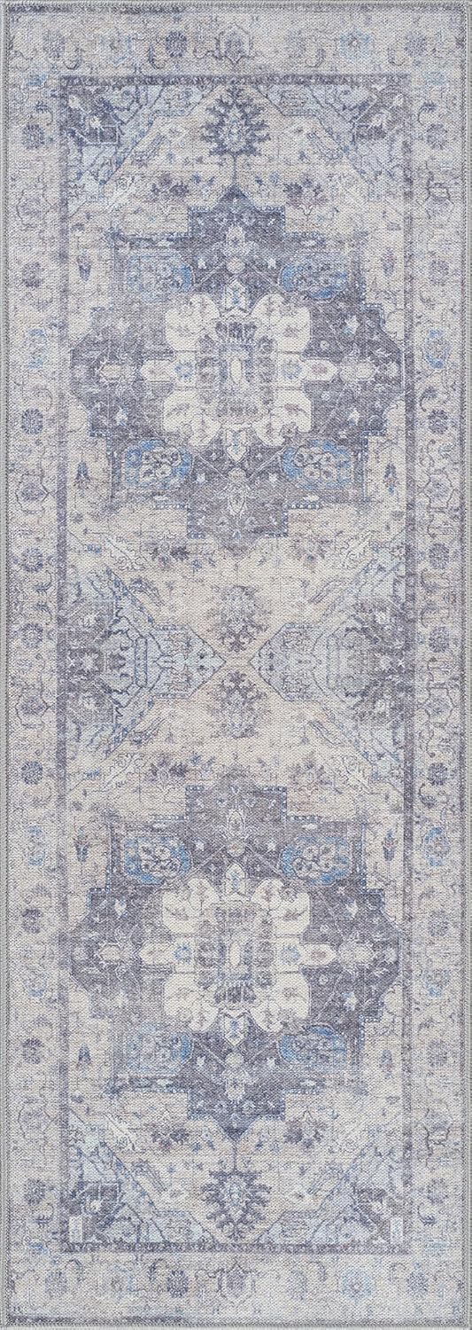 Bloom Rugs Washable Non-Slip 10 ft Runner - Blue/Sand Traditional Medallion Runner for Entryway, Hallway, Bathroom, and Kitchen - Exact Size: 2.5' x 10'
