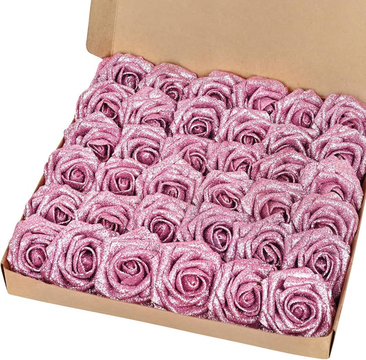 BLEUM CADE 36Pcs Artificial Flowers Fake Roses with Stems, Pink Glitter Boxed Foam Roses for DIY Bouquets Centerpieces Wedding Party Arrangement Bridal Shower Decor