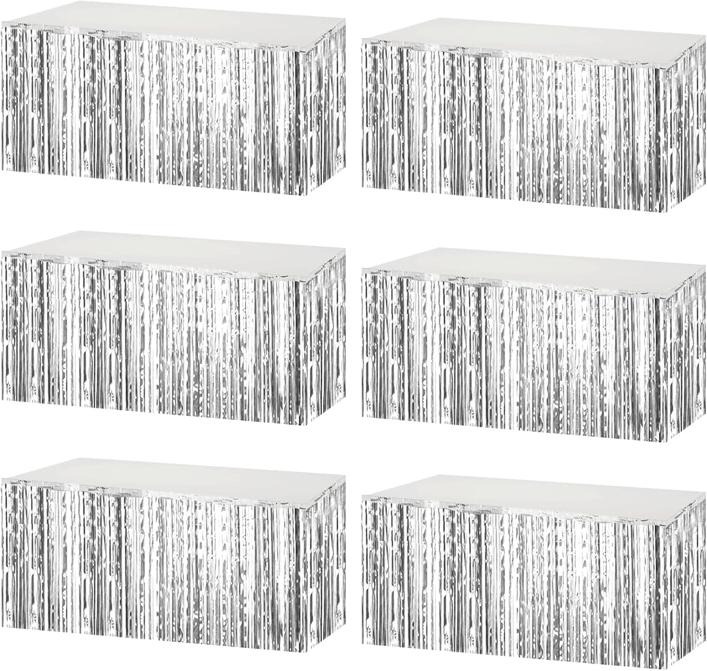 6 Pack 29x108 Inch Metallic Foil Fringe Tinsel Table Skirts Banner for Rectangle Tables Streamer Garland Curtains Backdrop for Wedding, Birthday, Parade Floats, Christmas Party Decoration(Silver)