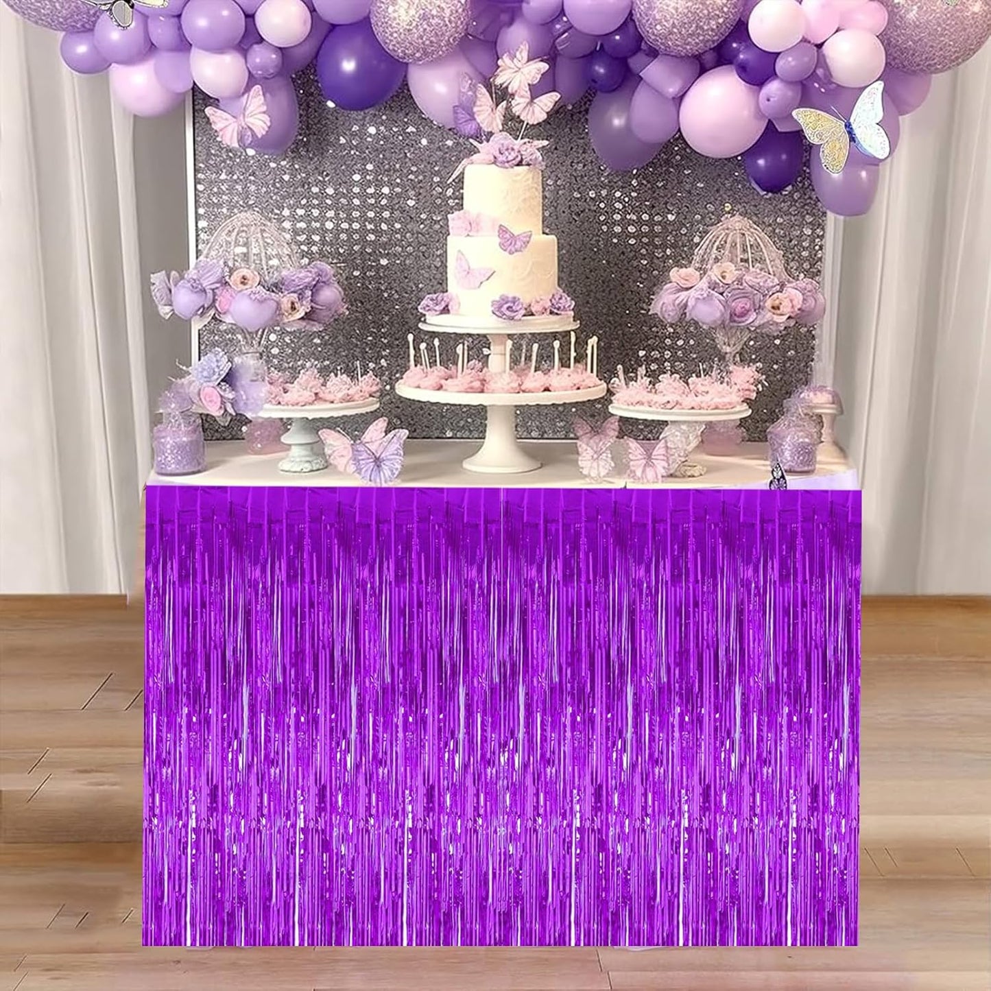 BEISHIDA 2 Pack Dark Purple Metallic Tinsel Foil Fringe Table Skirts for Rectangle and Round Tables - Birthday & Holiday Party Decorations