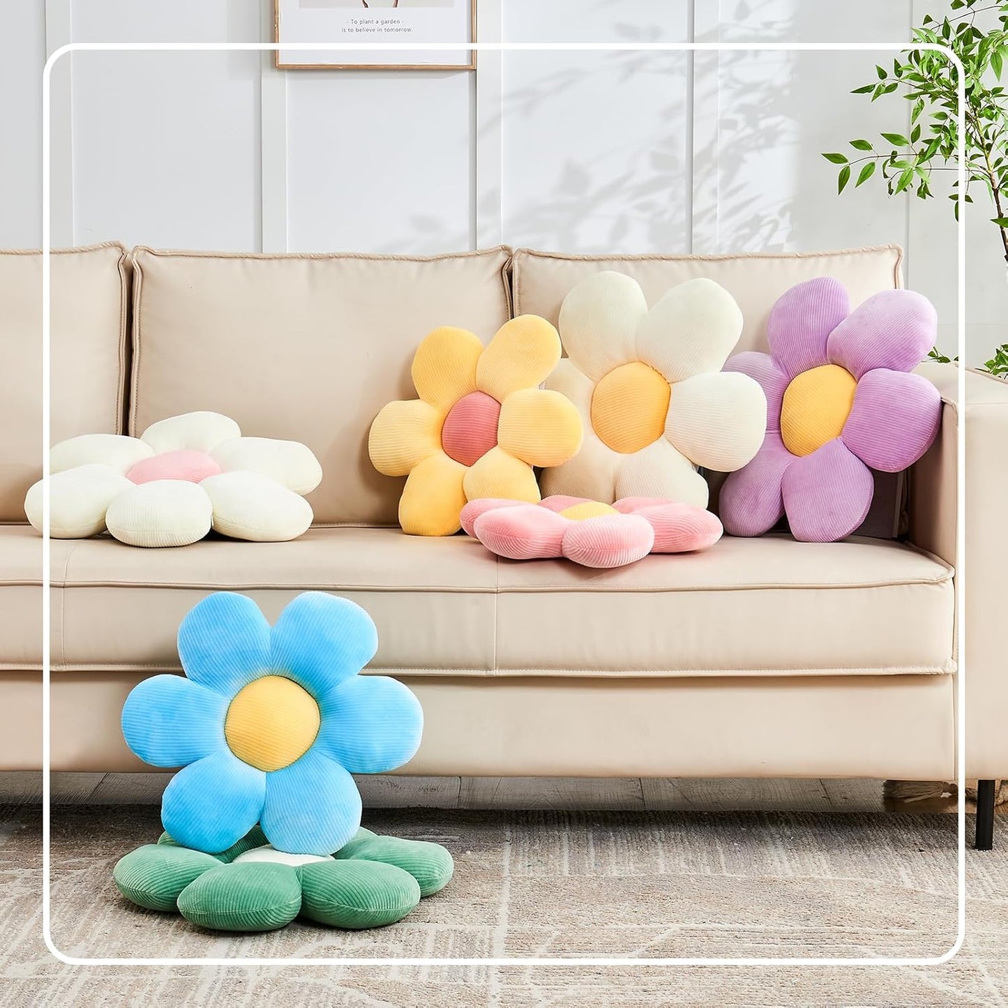 Blue Flower Pillow, 19.6" Cute Flower Shaped Floor Pillow, Aesthetic Floral Plush Daisy Decorative Throw Pillows for Bed Sofa Couch