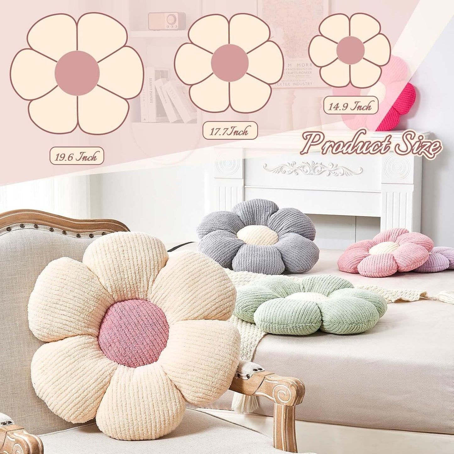 Soft White Pink 14.9" Flower Pillow for Home Decor, Cute Shaped Floor Pillow Aesthetic Plush Decorative Pillow for Bed Sofa Couch