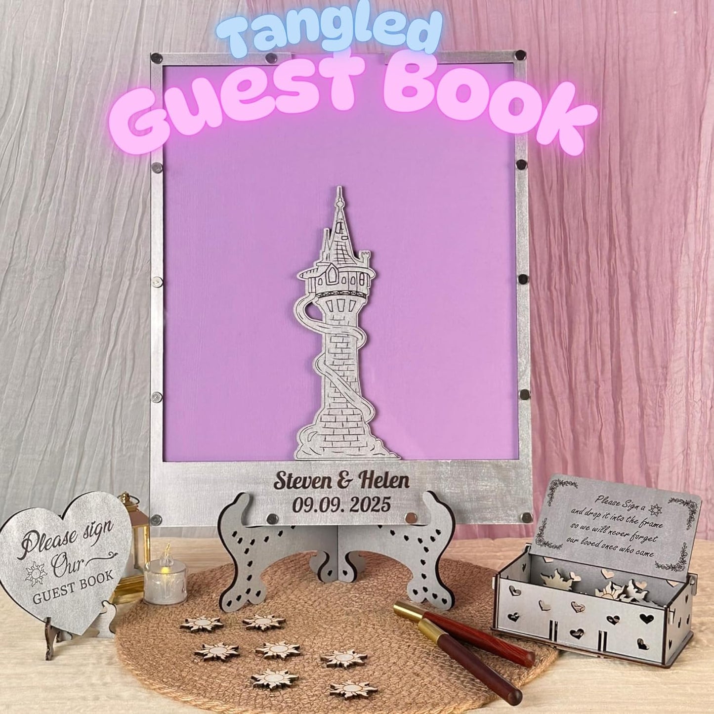 Tangled Guest Book for Wedding | Silver Princess Tower Guest Book Alternative | Fairytale Wedding Guestbook | Personalized Wooden Sign In Book Keepsake
