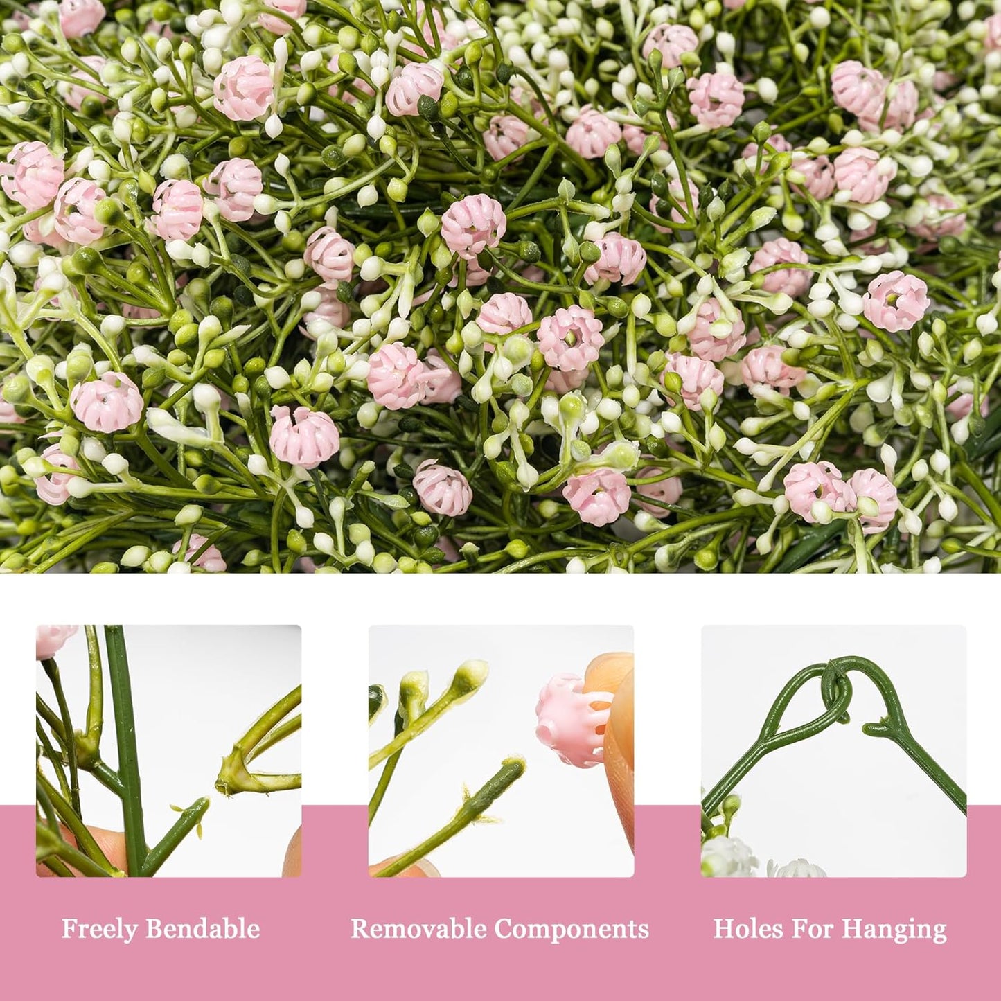 2 Pcs 5.8ft Artificial Baby Breath Flower Vines, Babys Breath Artificial Flowers Real Touch Faux Gypsophila Hanging Fake Baby's Breath Garlands for Wedding and Baby Shower Decor（Pink）