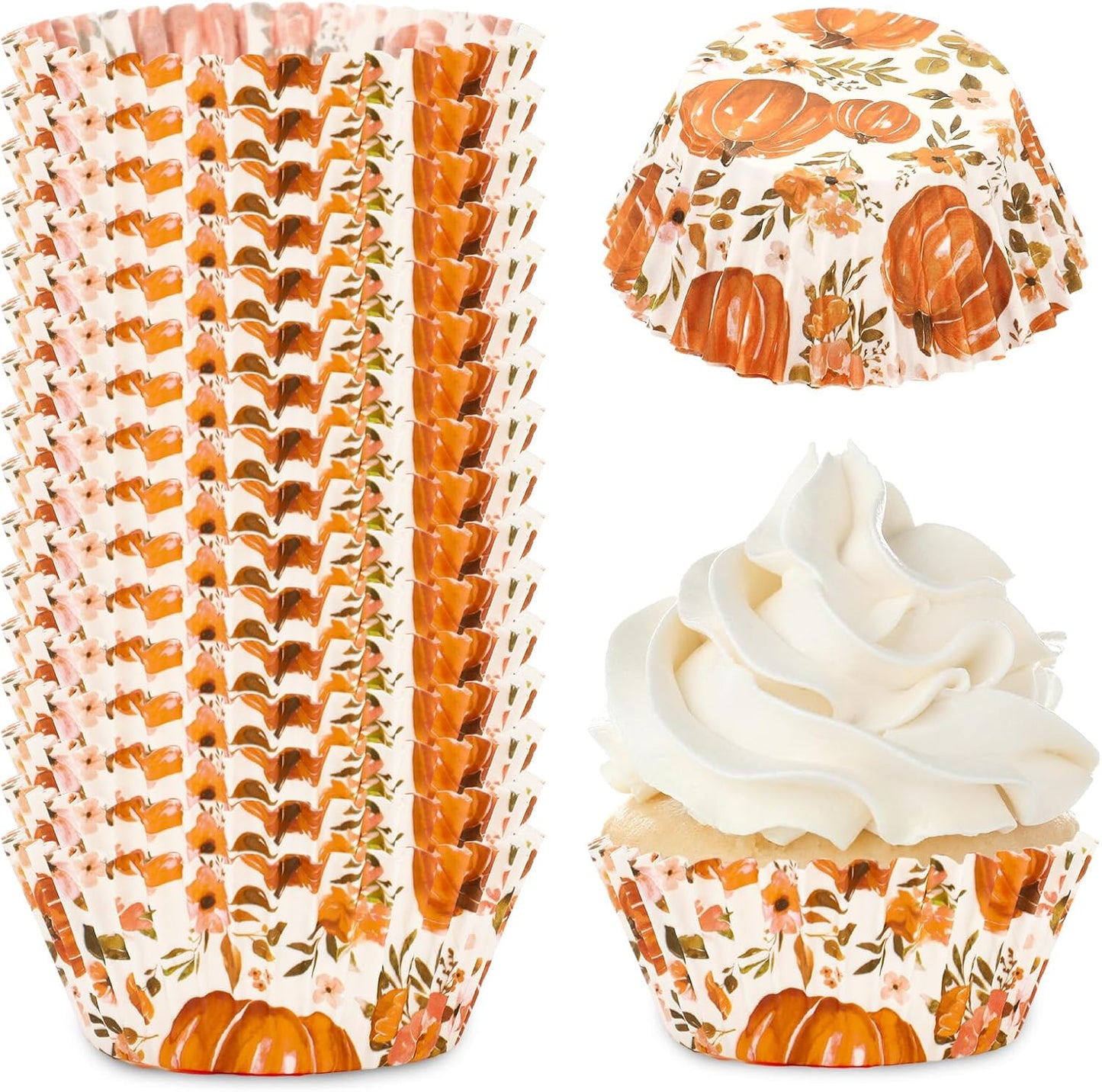 Whaline 300Pcs Fall Cupcake Liners Watercolor Pumpkin Flower Paper Baking Cups Autumn Floral Muffin Liner Cake Paper Cups Storage Container for Thanksgiving Party DIY Craft, 2x1.2 Inch