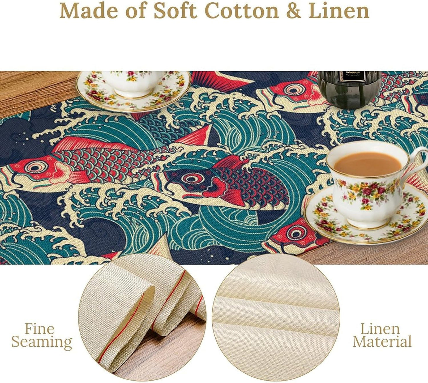 Kio Fish Table Runner Waves Japanese Tradition Art Printed Burlap Runner Home Kitchen Dining Table Living Room Decor Fabric 1 Panel W13xL90in