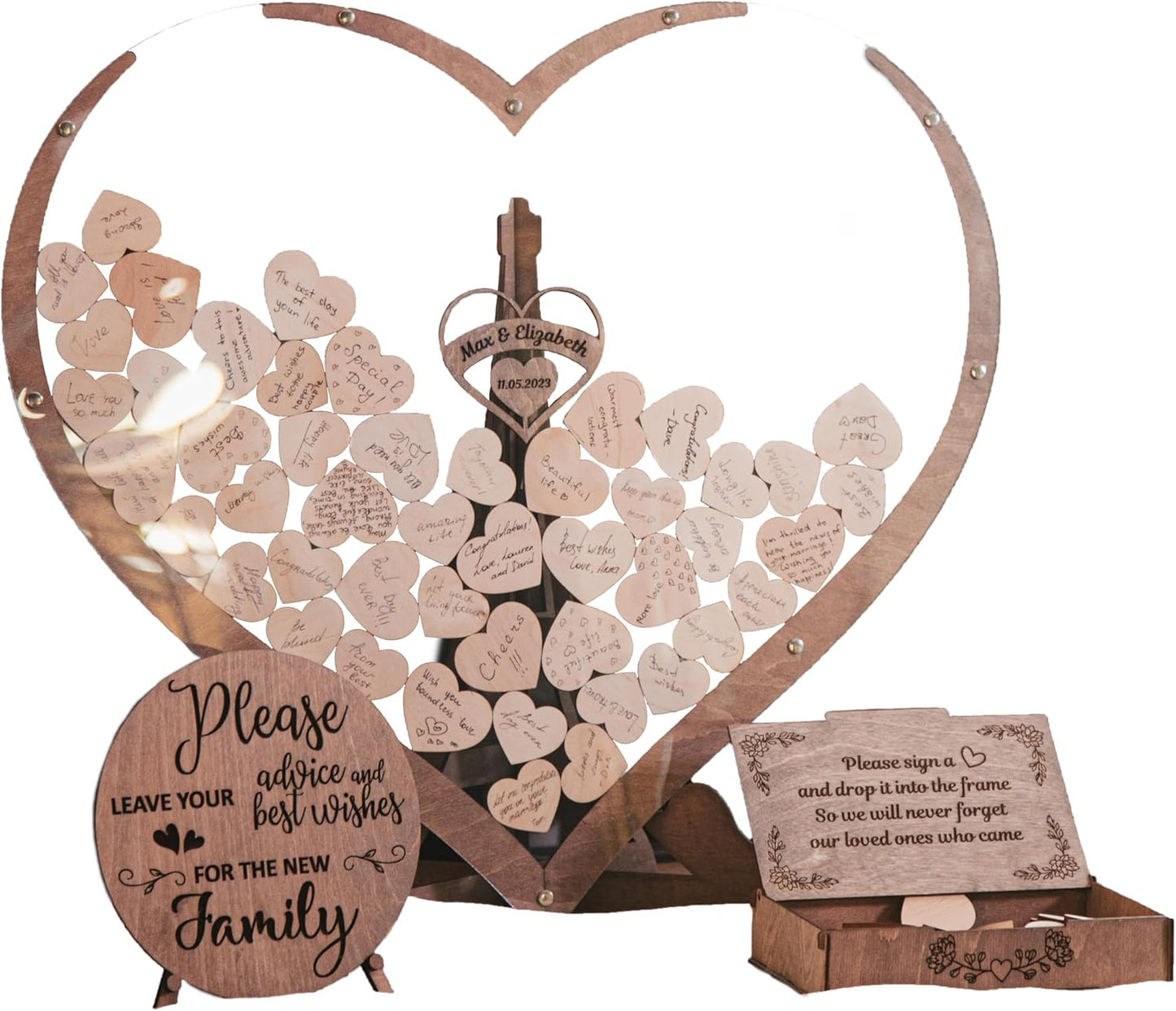 Rustic Personalized Wedding Guest Book: Heart Drop Design, Heart, Circle & Rectangle Frames. Premium Wooden Drop Box, Unique Bridal Decor & Gift