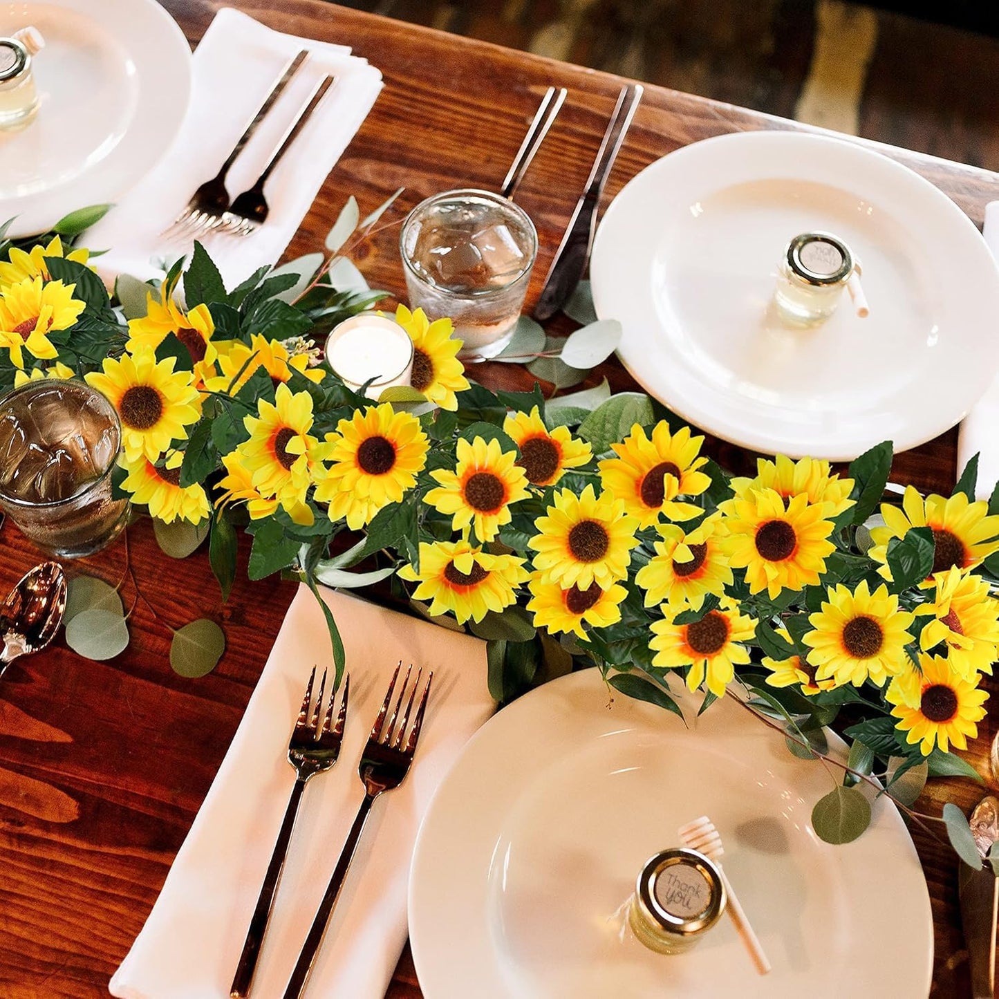 Uieke 12PCS Artificial Sunflower Garland, 7.5ft/Strand Silk Sunflowers Hanging Vines Flowers with Green Leaves for Room Kitchen Garden Birthday Wedding Baby Shower Party Table Decor Large