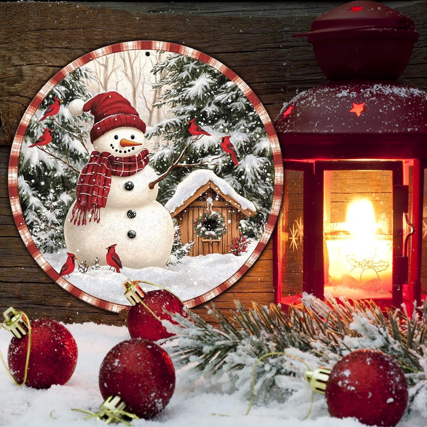 Round Christmas Metal Signs Vintage Snowman and Red Birds Tin Sign Metal Poster Christmas Snowman Sign for Bedroom Farmhouse Garage Wall Decor 12 * 12 in